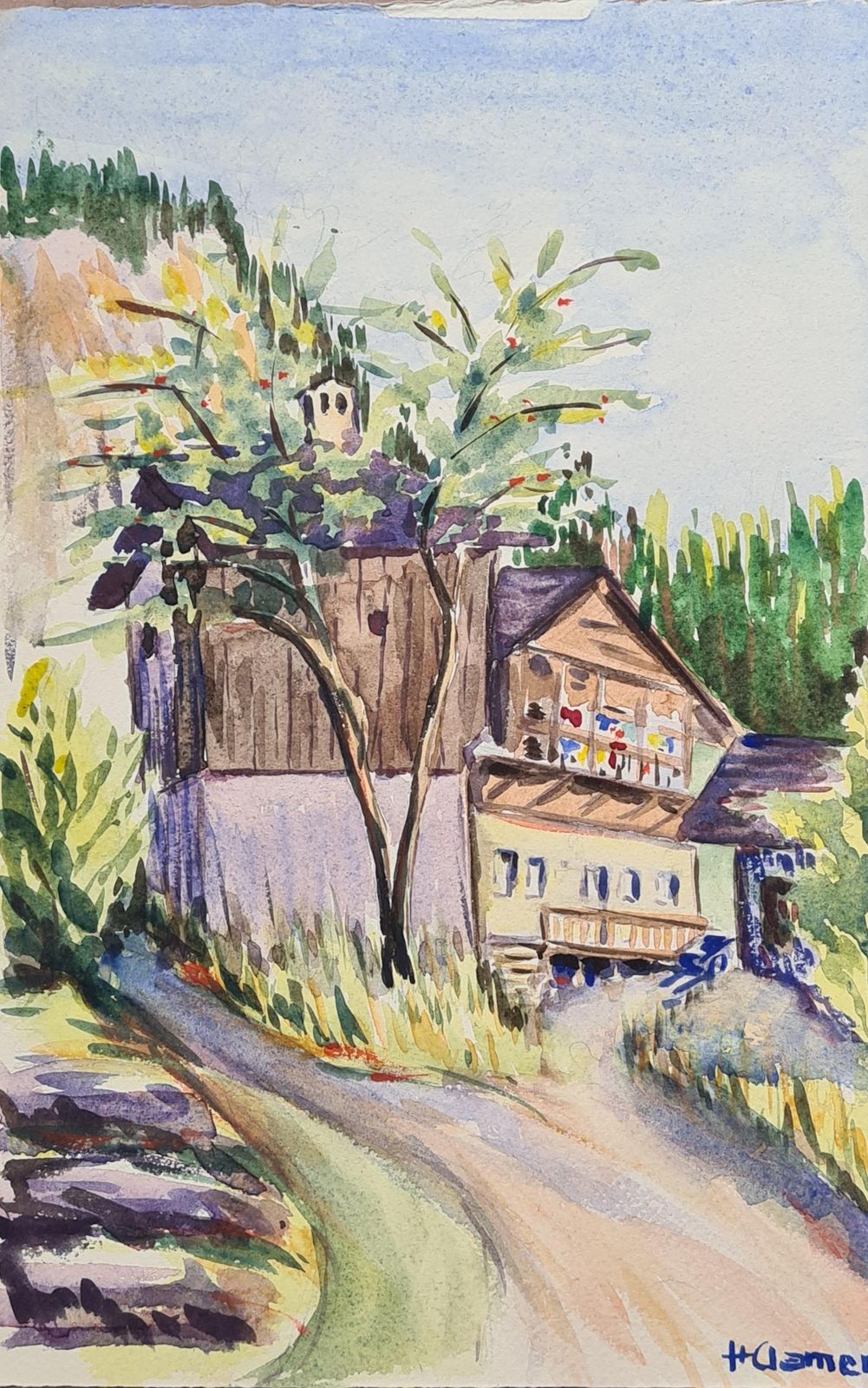 Henri Clamen1930s French Impressionist Watercolour Of A Mountain Chalet In A Landscape