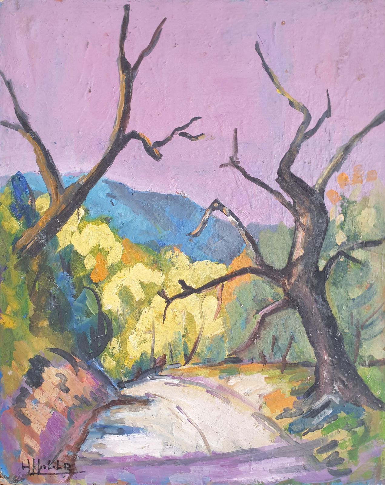 photo furniture Hyppolite Rogerthe Road, Mid Century Provençal, Fauvist Landscape. Oil On Board.1960s