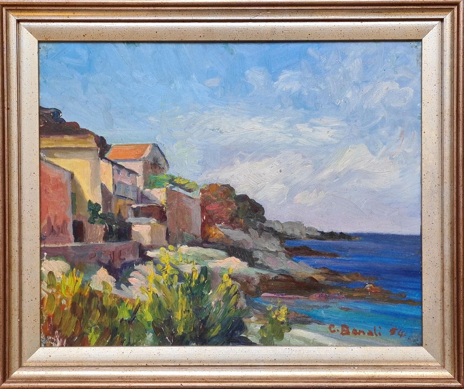 C Benaliimpressionist Seascape Of Cap Corse And The Ligurian Sea. Oil On Board.1954