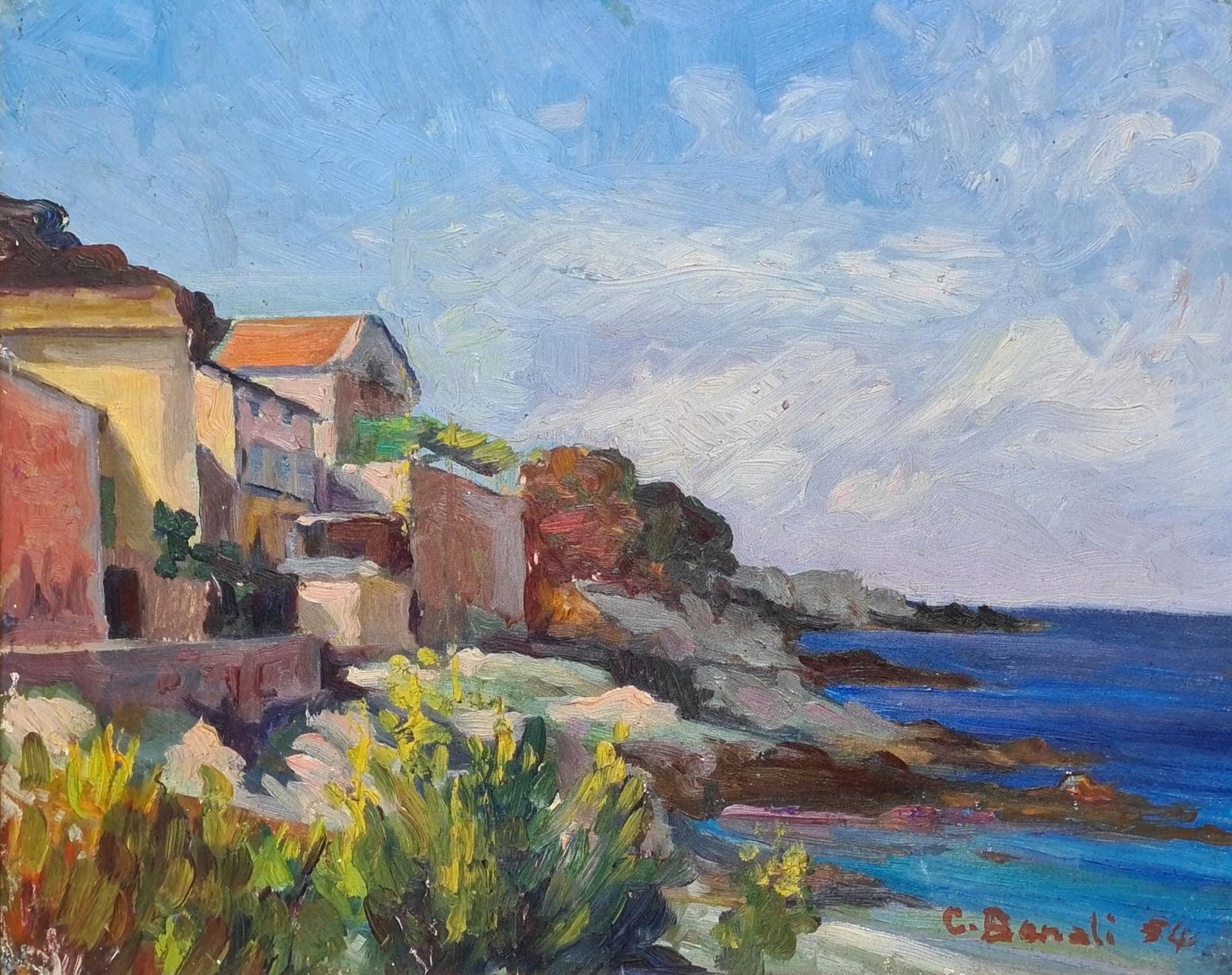 C Benaliimpressionist Seascape Of Cap Corse And The Ligurian Sea. Oil On Board.1954 photo furniture