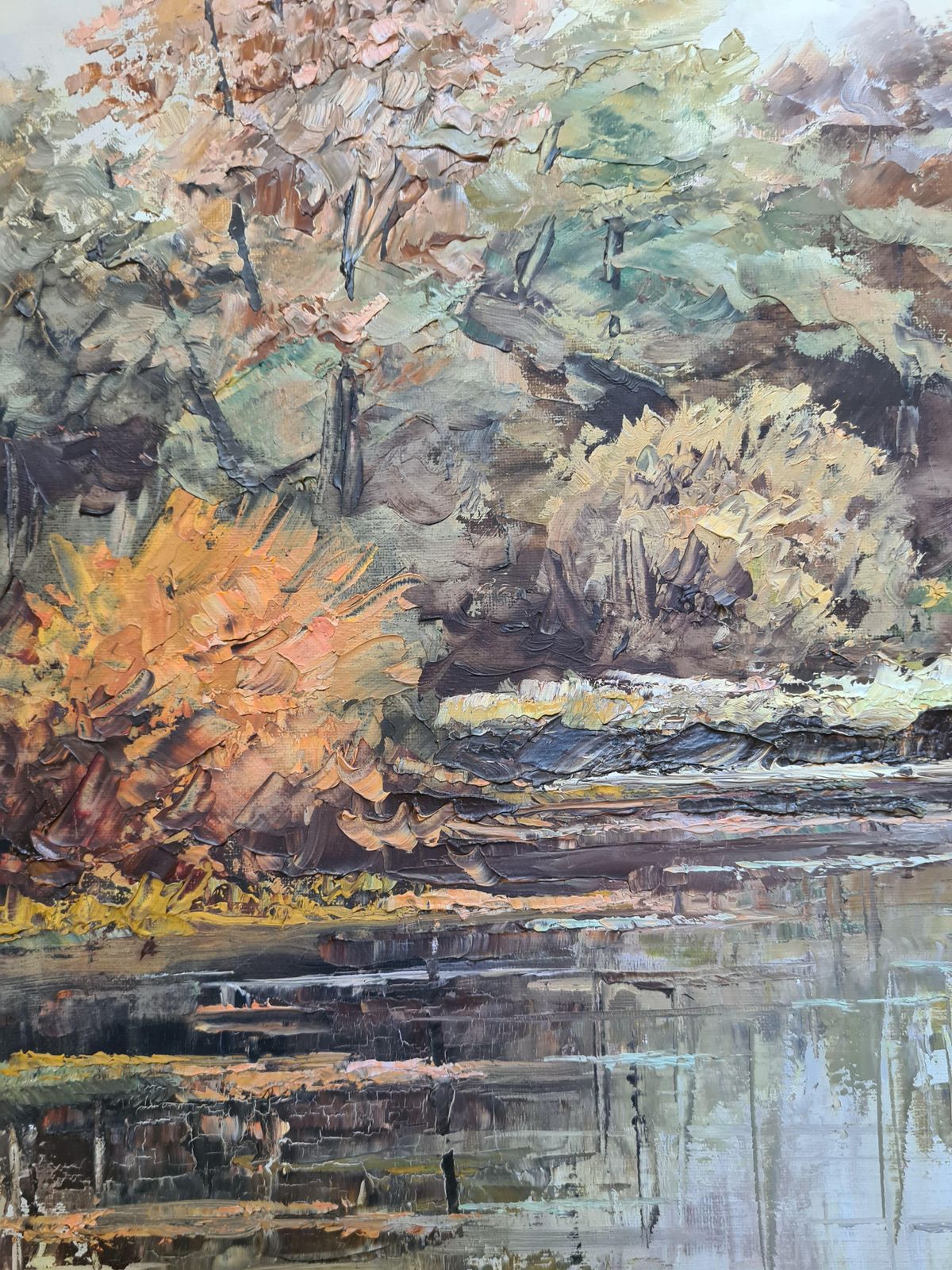 G Lorique'autumn At The Riverbank', Large Scale French Rural Landscape. Oil On Canvas. photo vintage