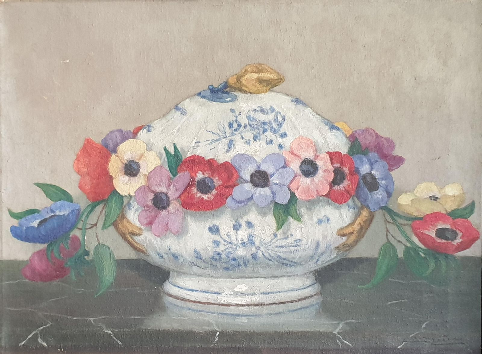 Unknown French Impressionist Still Life, Oil On Board, 'Flowers And Faïance'. photo for sale