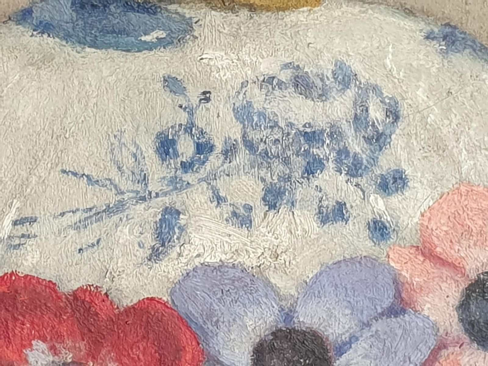 photo vintage Unknown French Impressionist Still Life, Oil On Board, 'Flowers And Faïance'.