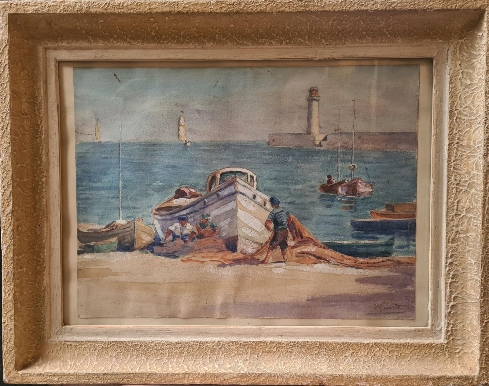 Girardmarine Scene, French Breton Watercolour, The Fishing Nets photo for sale