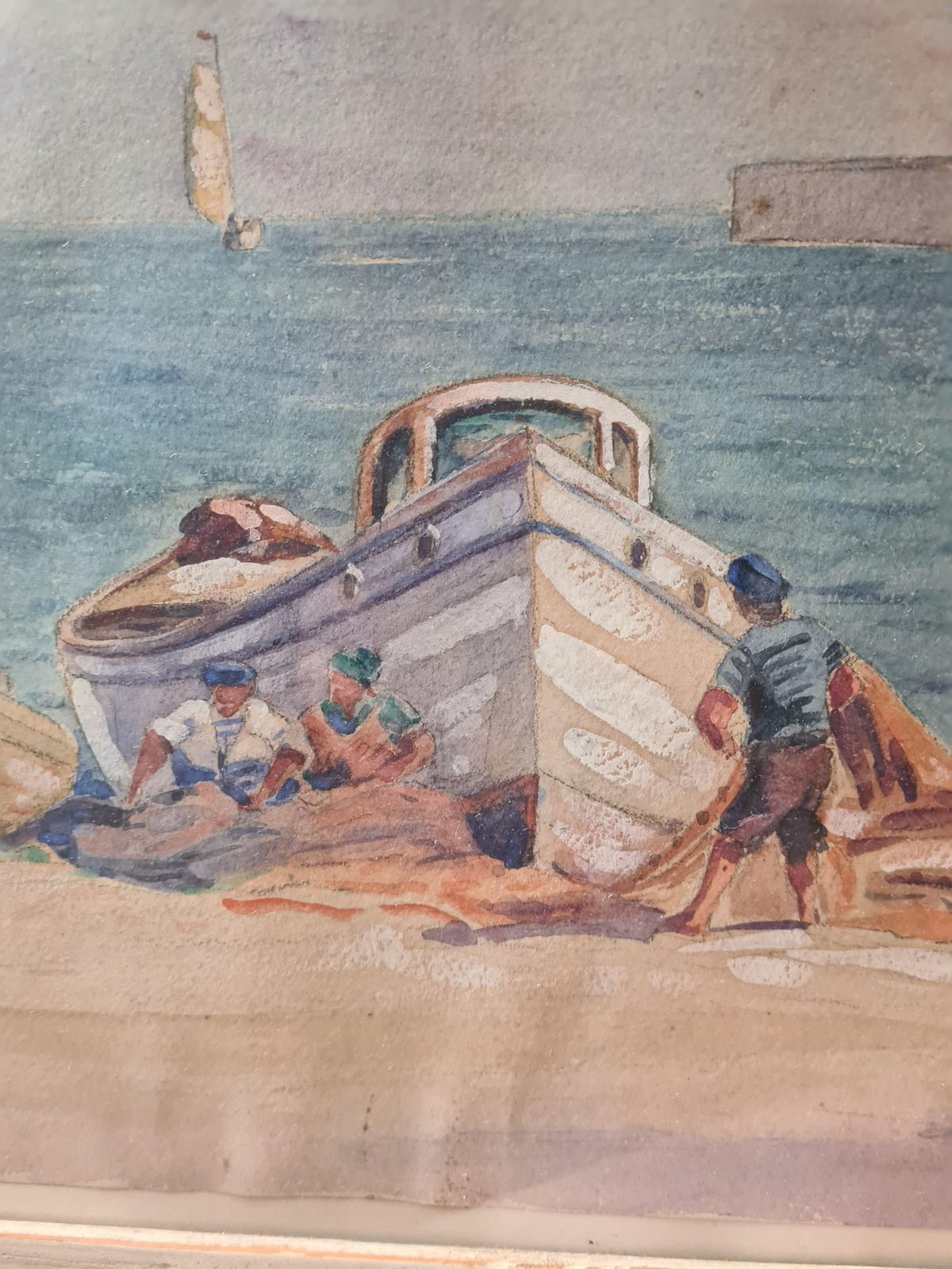 Girardmarine Scene, French Breton Watercolour, The Fishing Nets photo Art