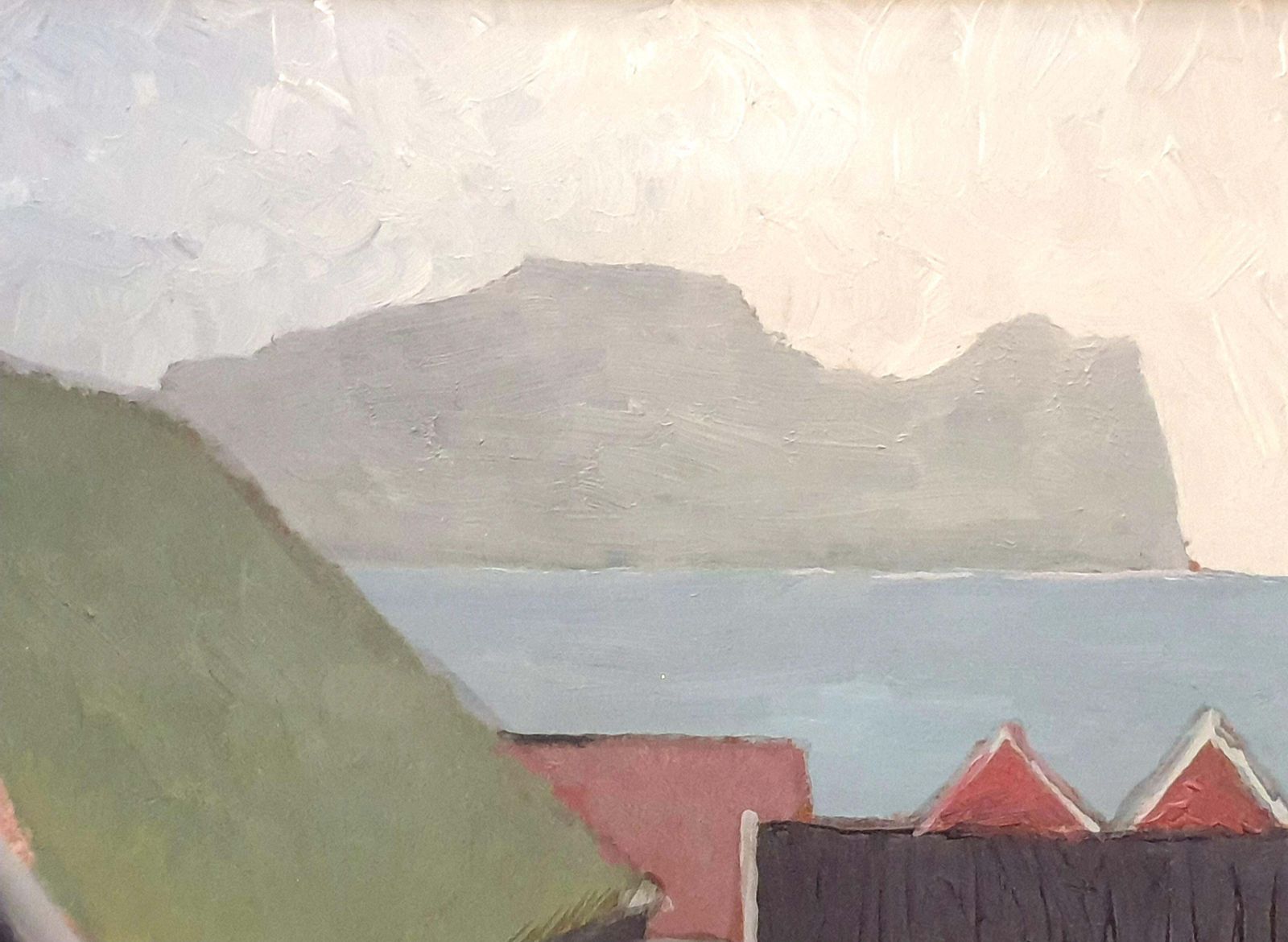Poul Møllerdanish Mid Century Colourfield Oil On Board Of People And Houses By The Coast.1976 photo vintage