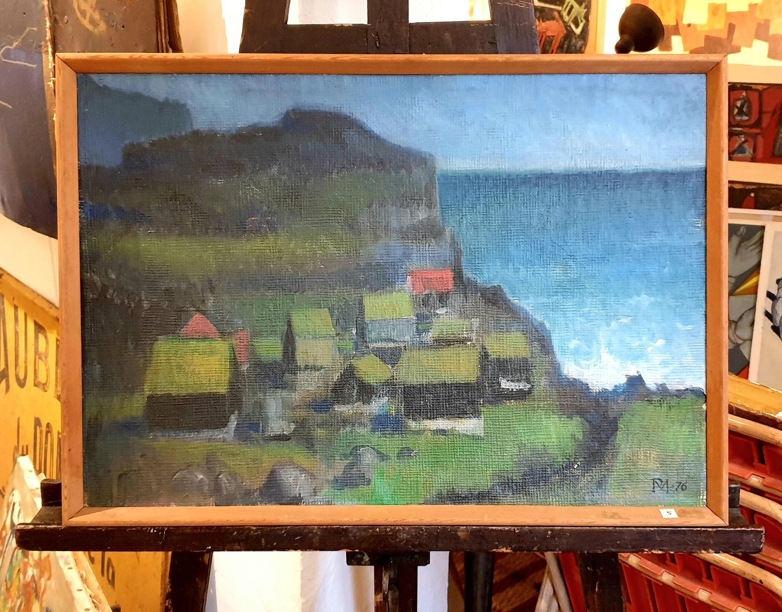 Poul Møller Danish Mid Century Colourfield Oil On Board Of Houses In A Coastal Scene.1976 photo furniture