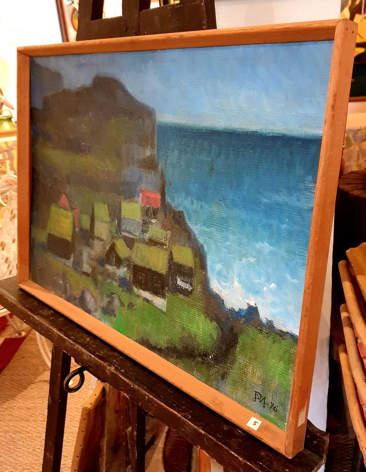 photo vintage Poul Møller Danish Mid Century Colourfield Oil On Board Of Houses In A Coastal Scene.1976