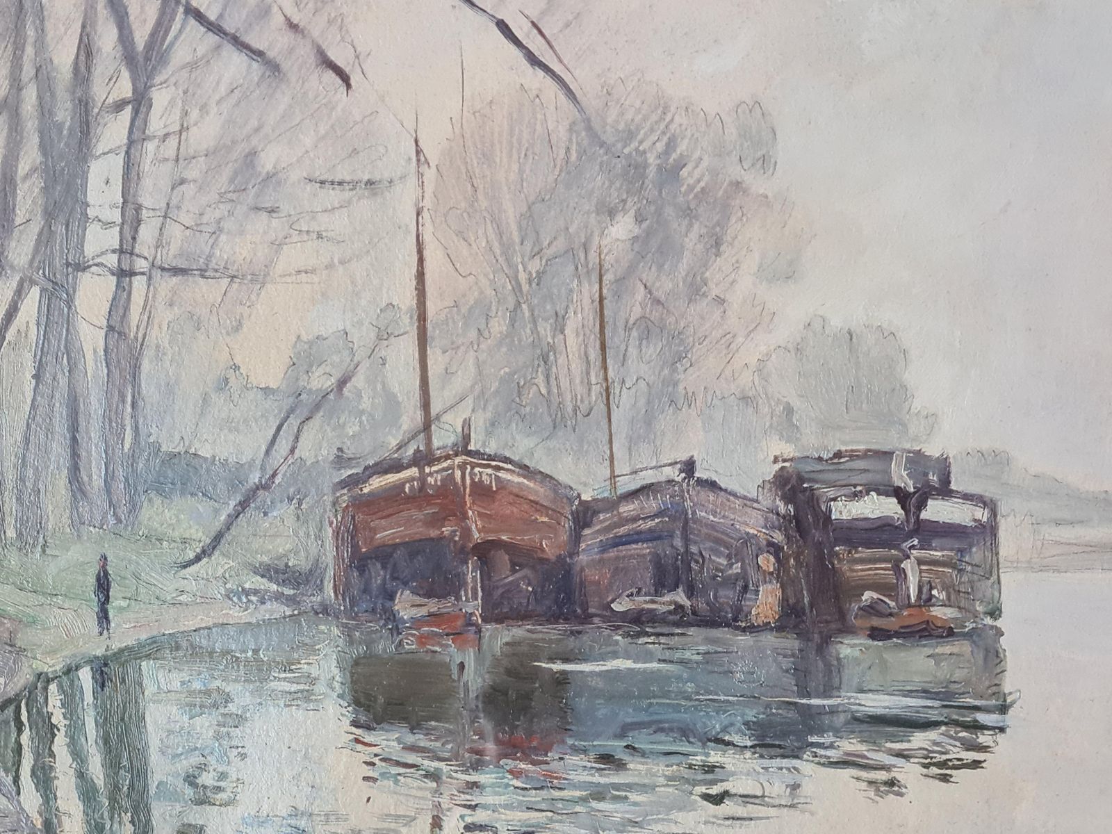 Art Georges Planespair Of French Impressionist Paintings, The City Of Rouen And The River Barges1930s photo