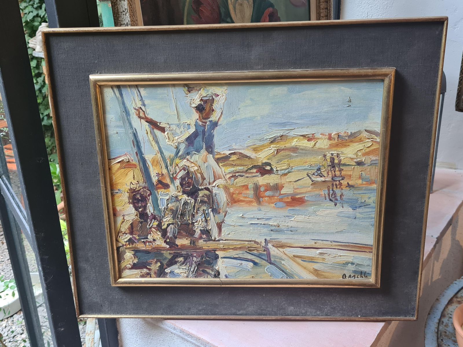 935.0 D Abchliorientalist Landscape, The Fishermen. Oil On Board. photo