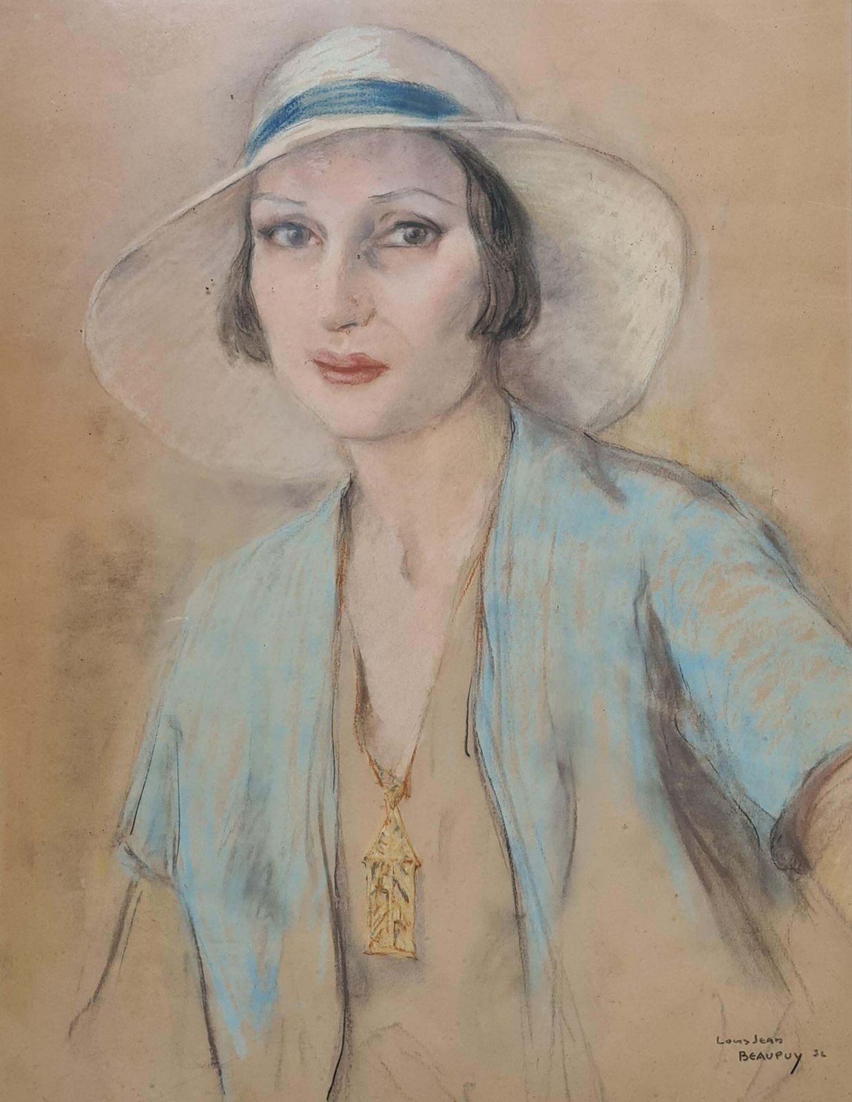 Louis Jean Beaupuyfrench Art Deco Society Portrait, Beauty In A Hat. Pastel And Crayon.1936 photo furniture