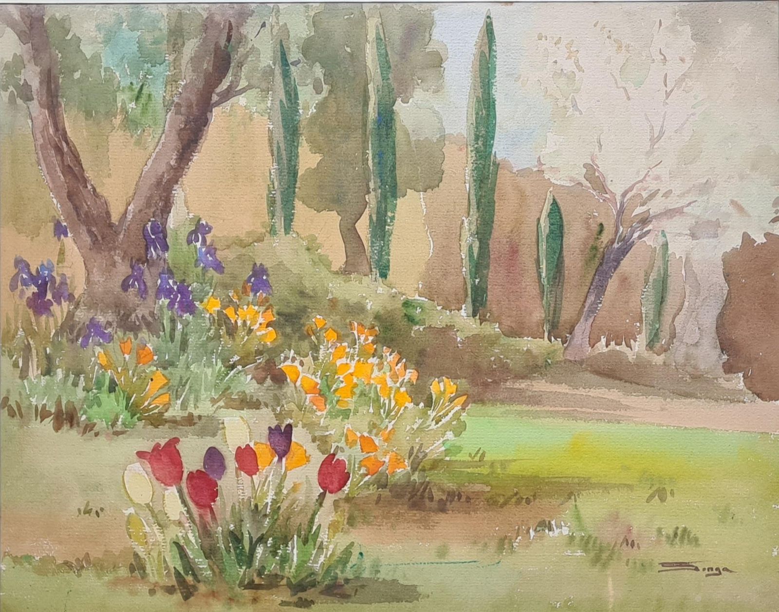 Songapair Of Impressionist Mediterranean Garden Views. Gouache & Watercolor On Paper photo Art