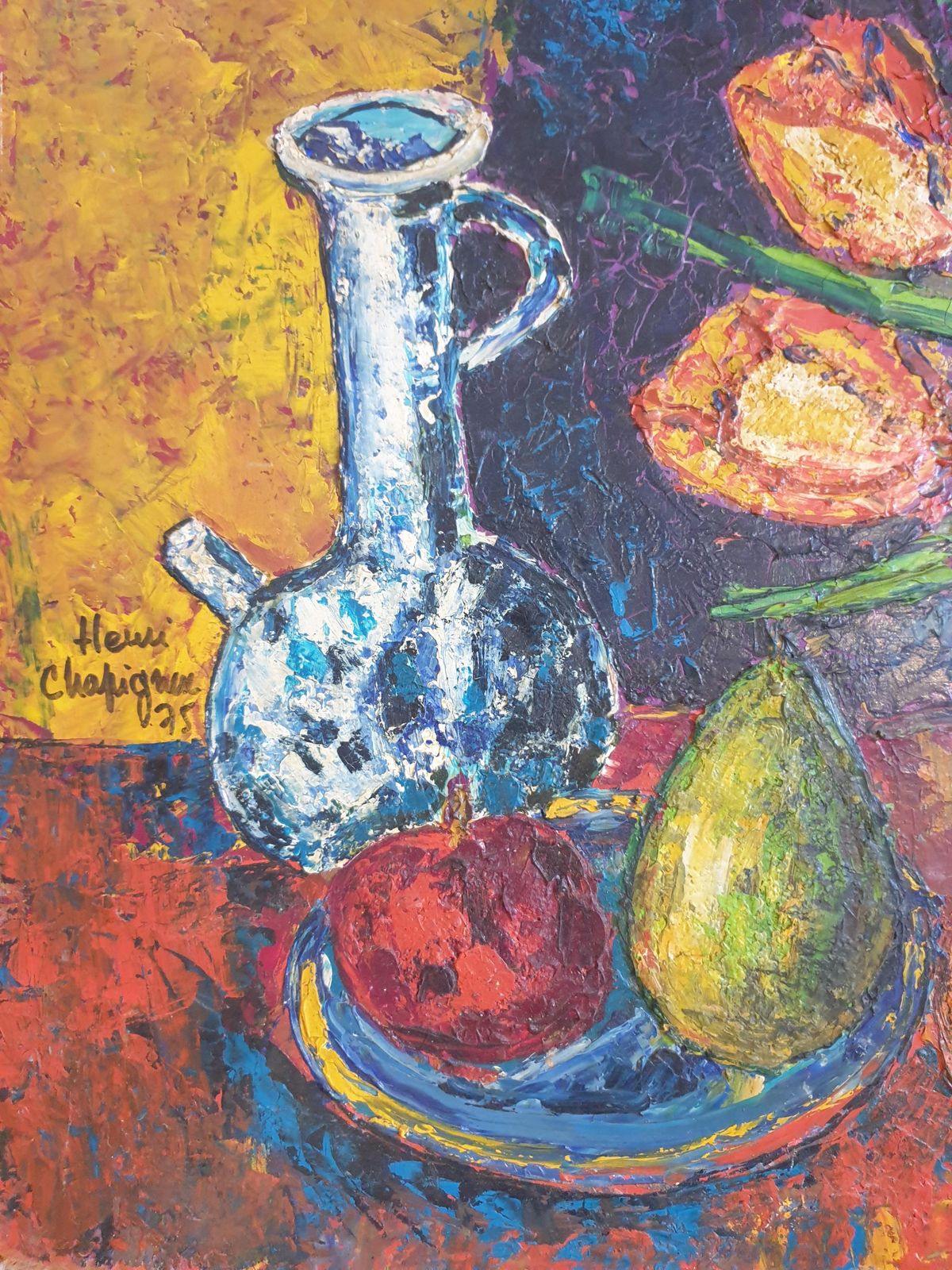photo buy Henri Chapignuecolourful French Oil On Board Tablescape. Tulips, Carafe And Three Fruits. 1975