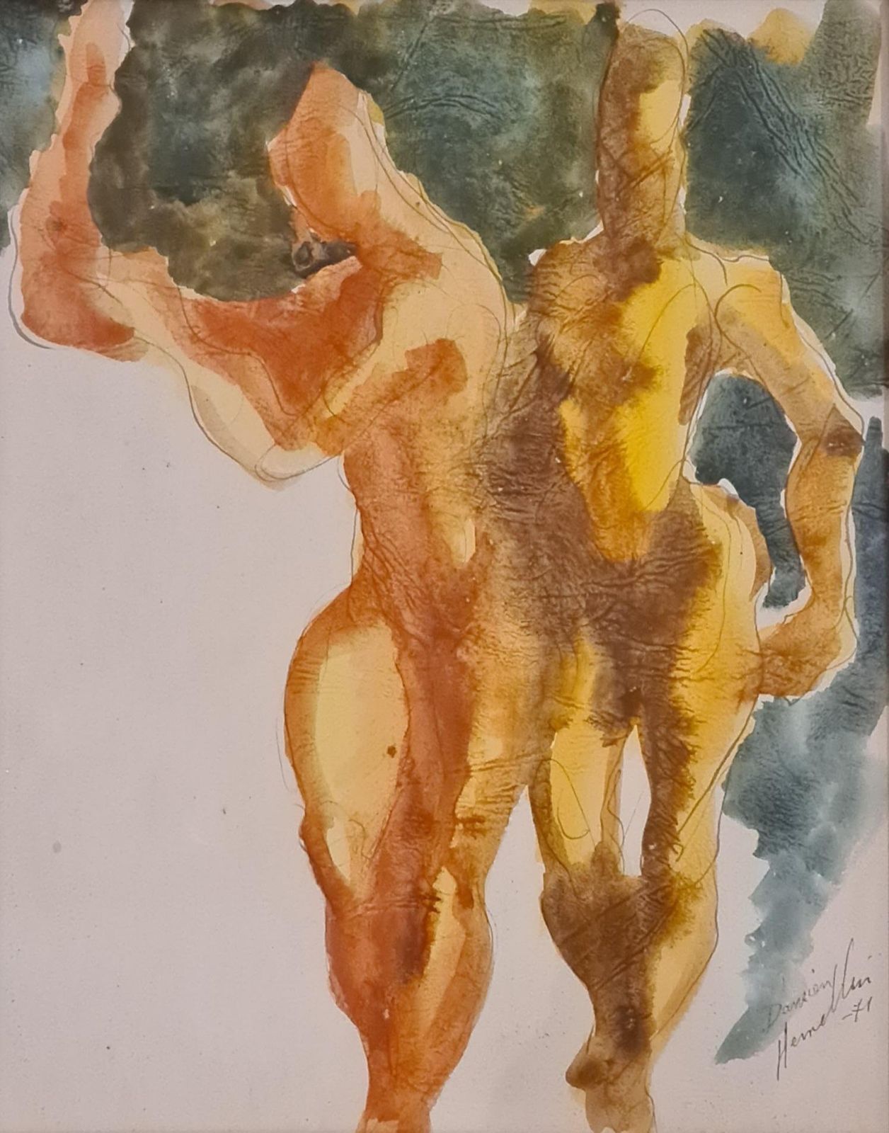 Damien Hermellin'the Dancers', French Late Mid Century Gouache On Textured Paper1971 photo for sale