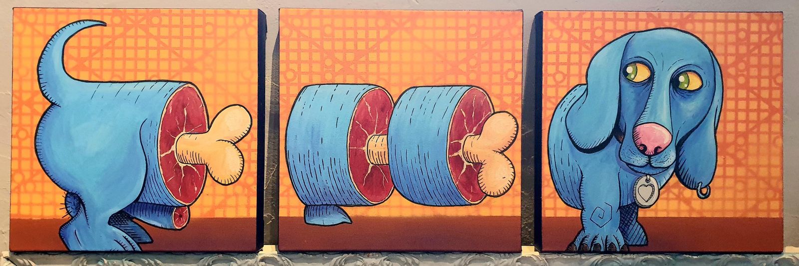 Harold Maka  Pop Art Contemporary Triptych Acrylic On Canvas. "Topy Le Chien De Lyon".2024 photo furniture