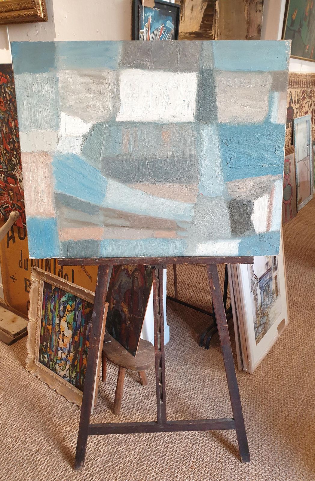 Art Philippe Lepatremid Century Abstract Oil On Canvas. Composition In Blue.1958 photo