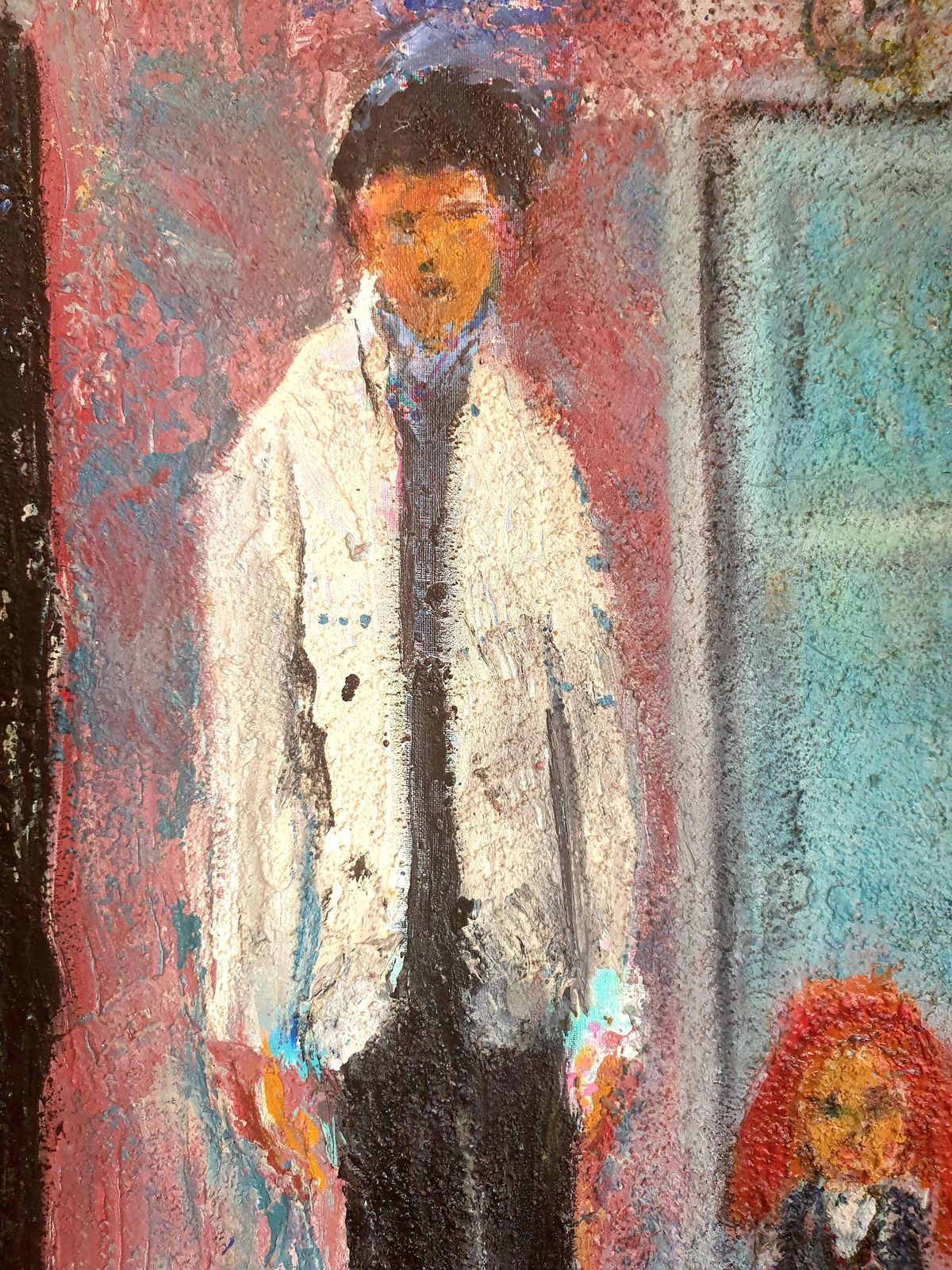 photo vintage Large Expressionist Oil On Canvas, Apartment Interior And Cityscape. Oil.