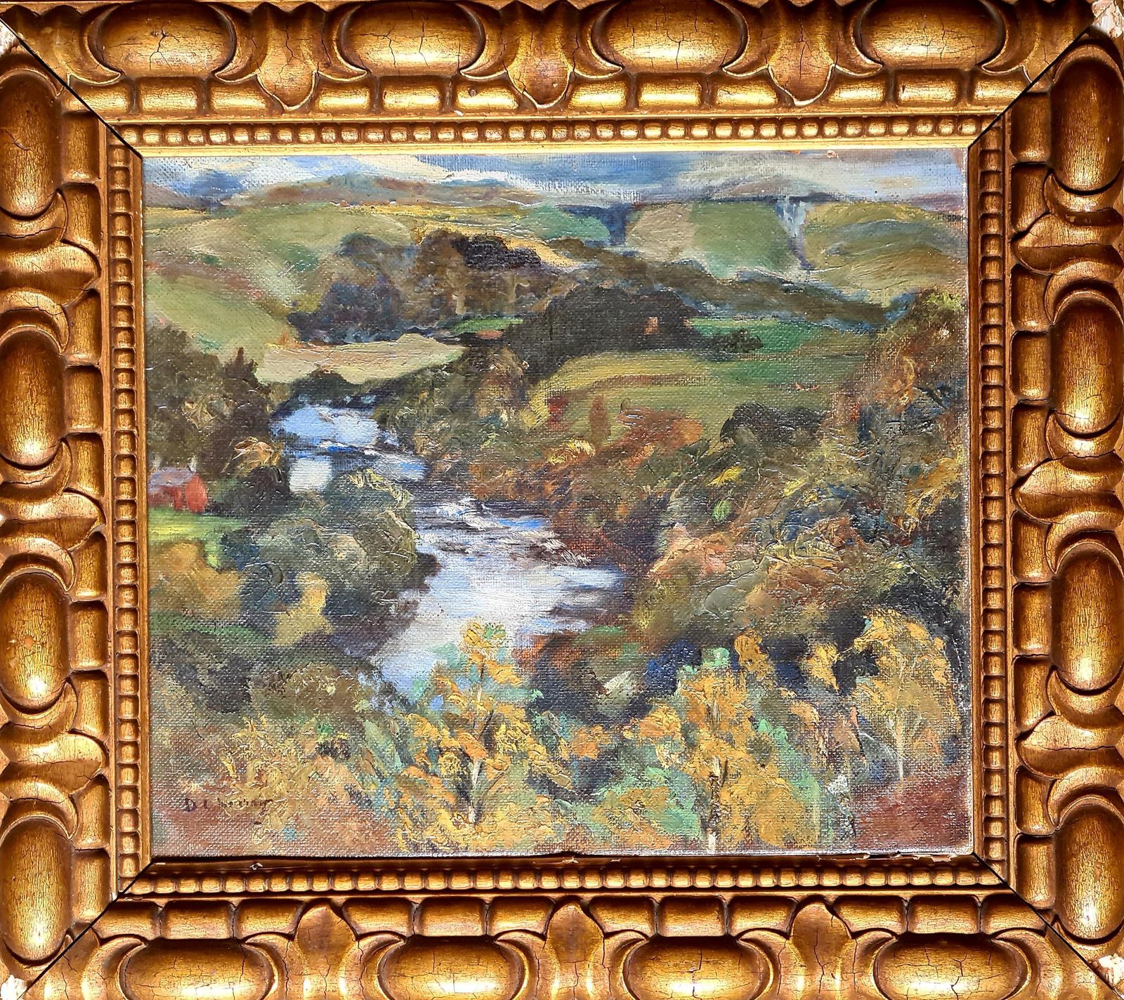 D. L. Murrayimpressionist Oil On Canvas, The Salmon Pool, Canonbie, Scotland photo furniture