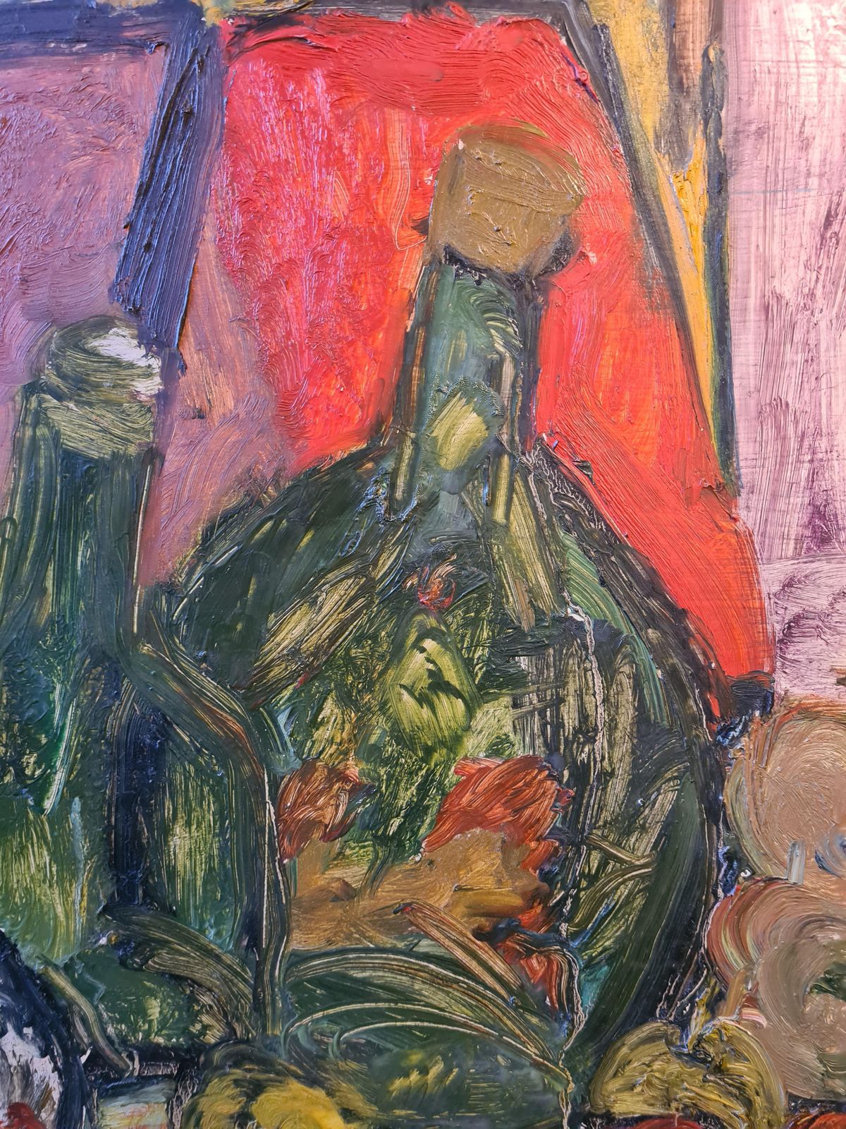 Betty Walters Flashtiglarge Mid Century Colourful Oil Of Still Life With Bottles, Fruit And Charger photo Art