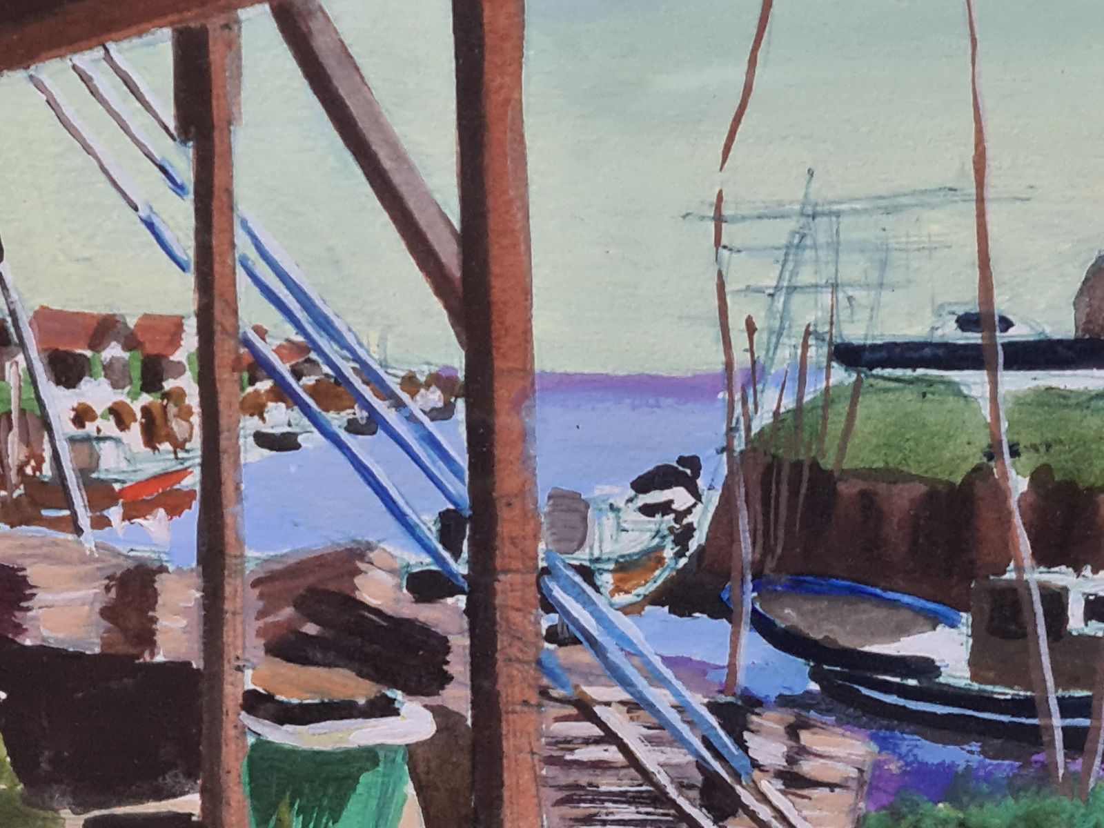Boats In Harbour, Looking Out To The Sea, Colourful French Watercolour, The Port From 1989 By Jean Paul Claveau photo buy
