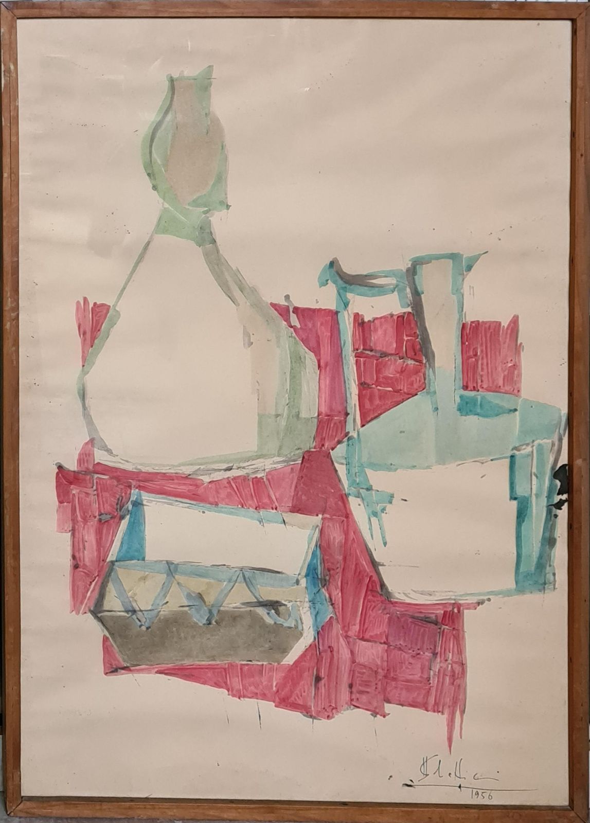 Mid Century Italian Tablescape With Red Cloth, 1956, Circle Of Giorgio Morandi1956