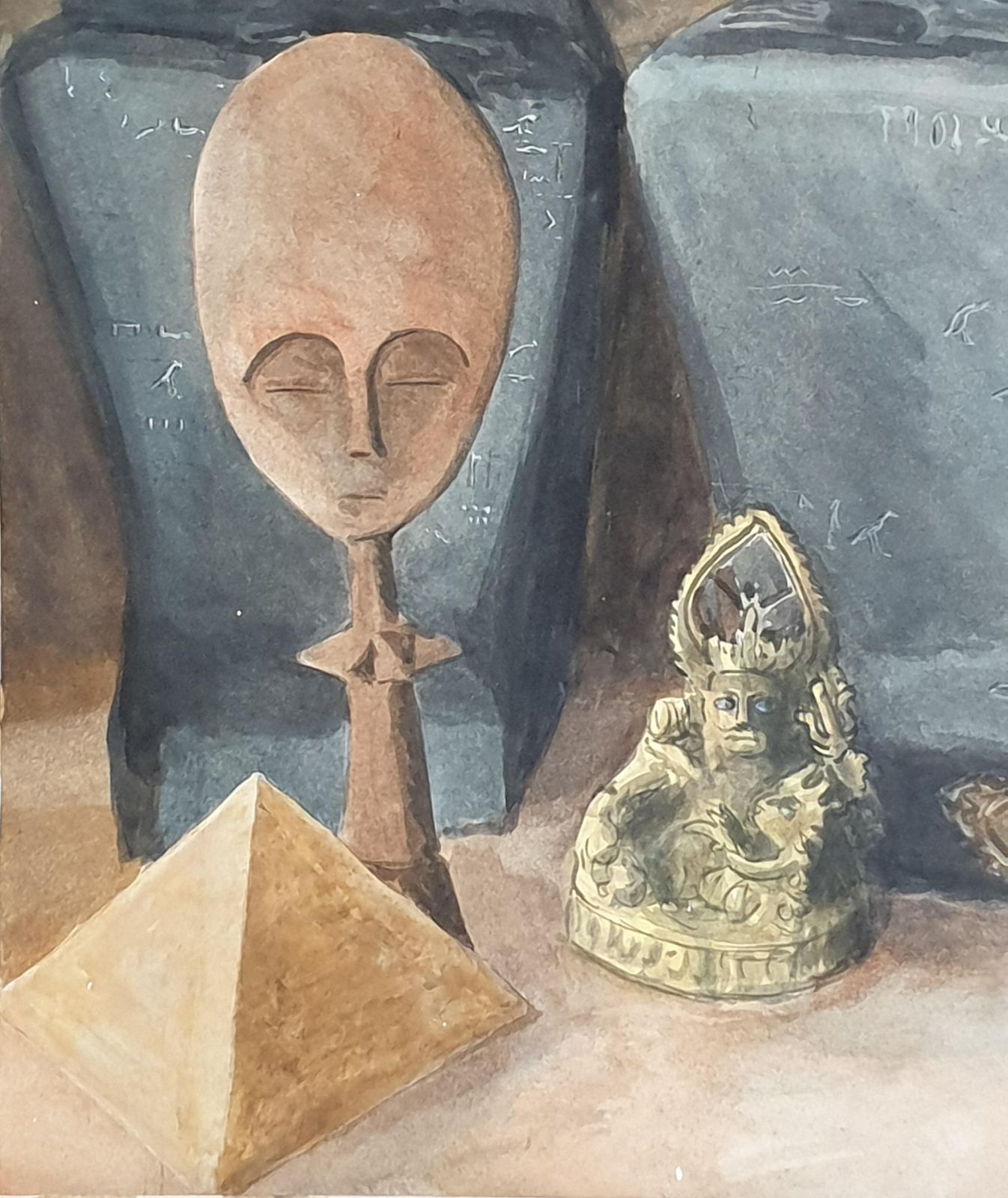 Derek Carruthers Surrealist Painting On Paper, 'Godot', Artefacts Of Civilisations Lost1985 photo Art