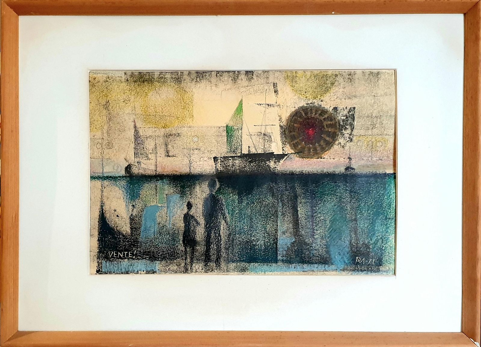 Poul Møllermid Century Danish Surrealist Pastel On Paper. "Sunset Over The Docks".1971 photo for sale