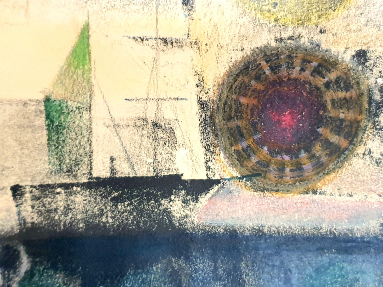 photo furniture Poul Møllermid Century Danish Surrealist Pastel On Paper. "Sunset Over The Docks".1971