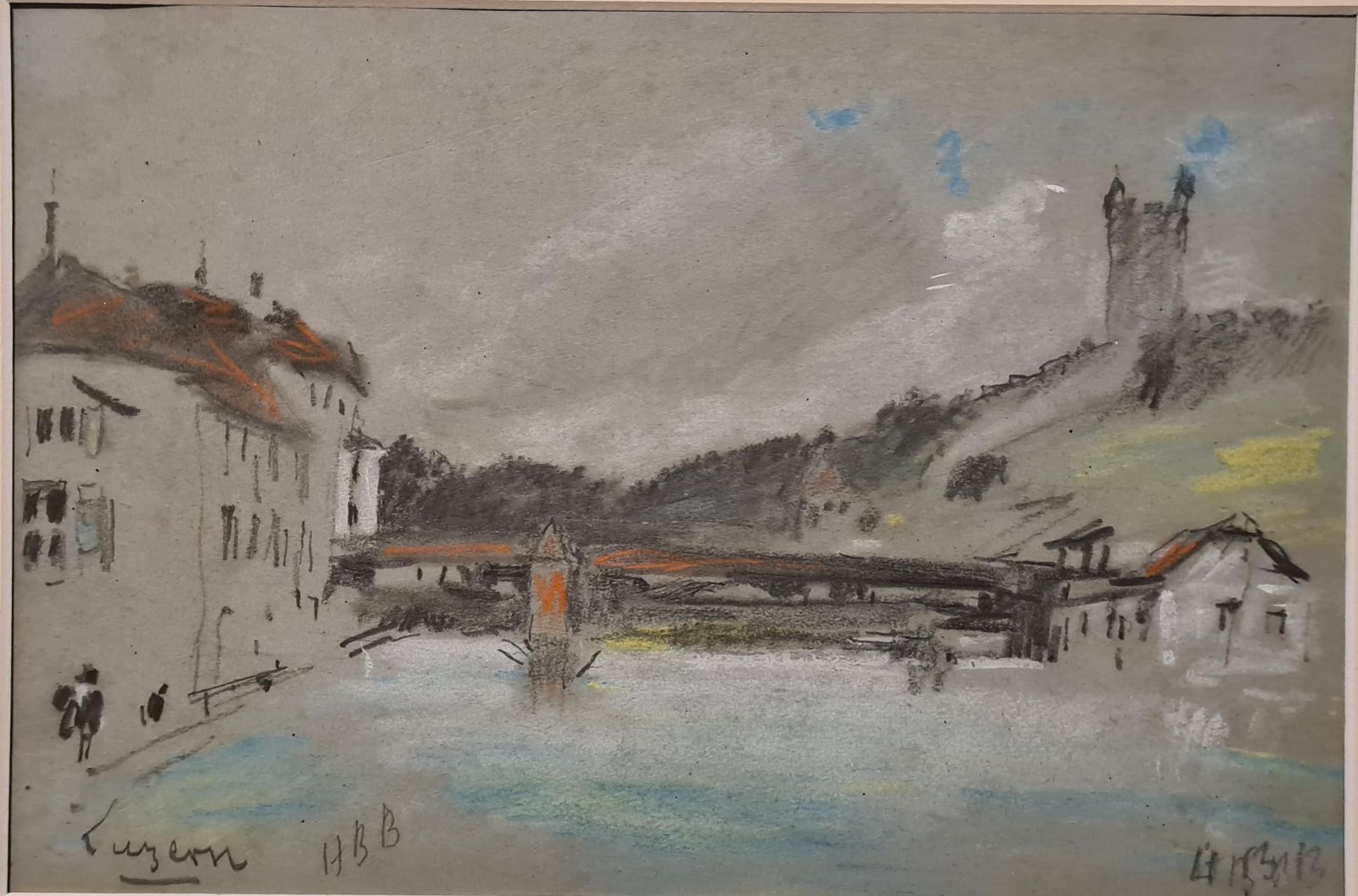 Hercules Brabazon Brabazon19th Century Pastel Of A River Scene, The Chapel Bridge, Lucerne, Switzerland.1860's