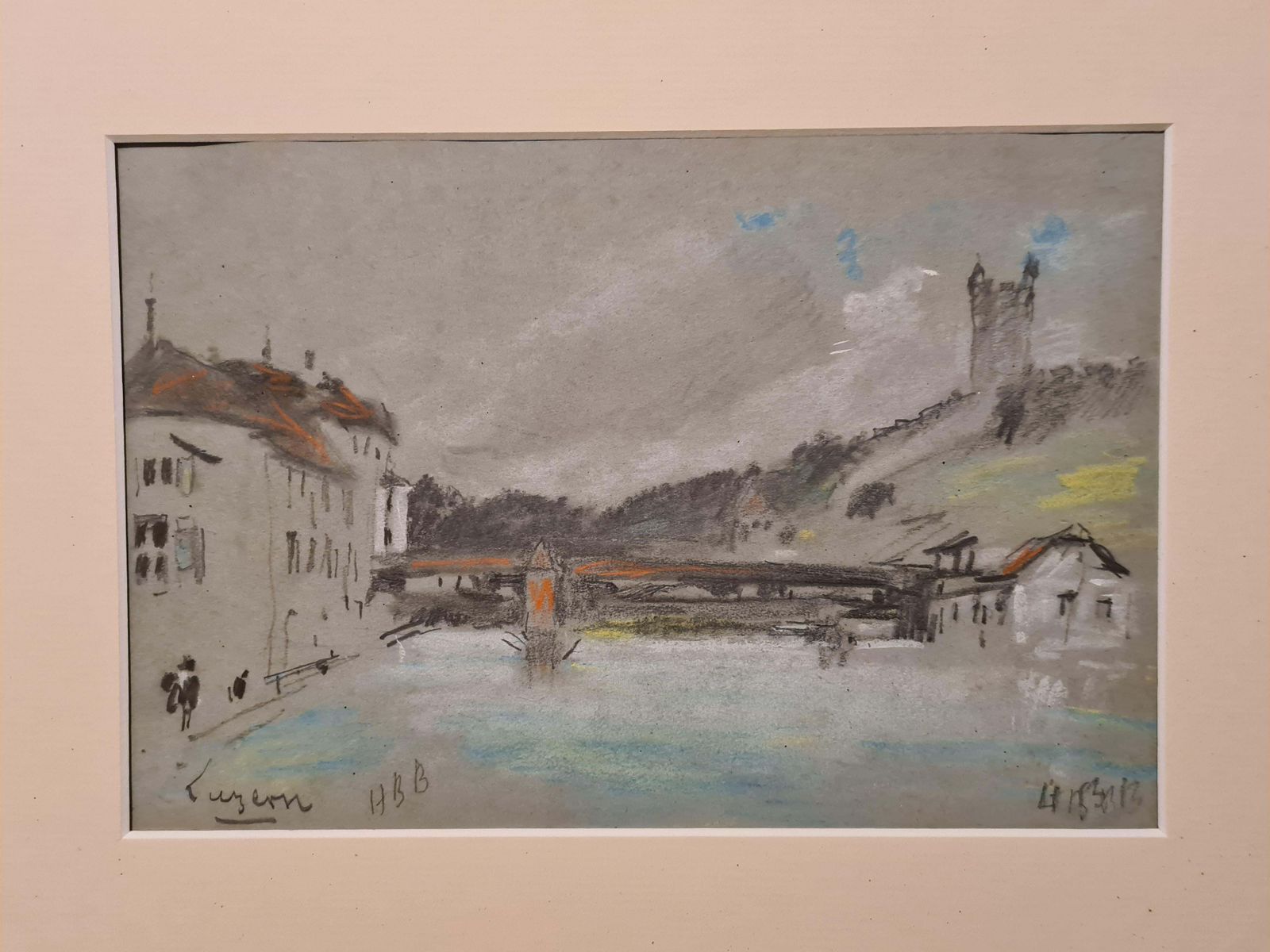 Hercules Brabazon Brabazon19th Century Pastel Of A River Scene, The Chapel Bridge, Lucerne, Switzerland.1860's photo furniture