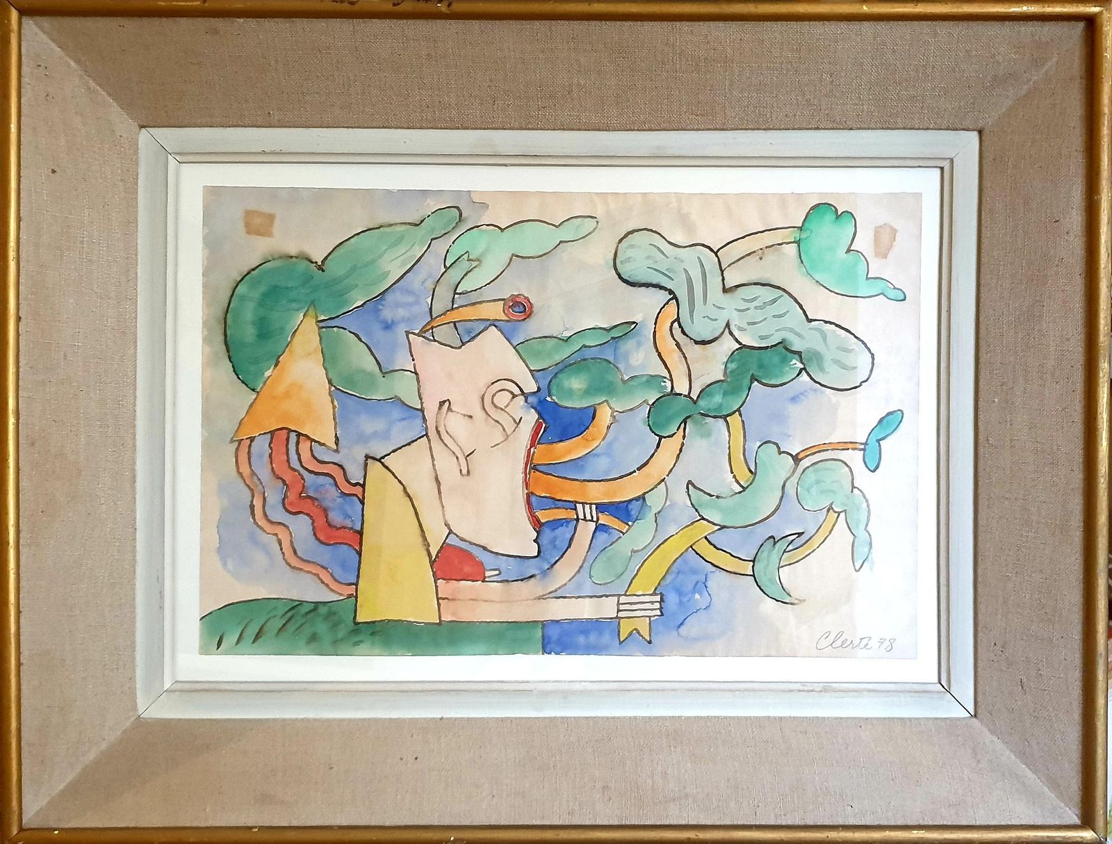 Jean Clerté 'Mother Nature', Lyrical Surrealist Abstract Watercolour On Paper.1978