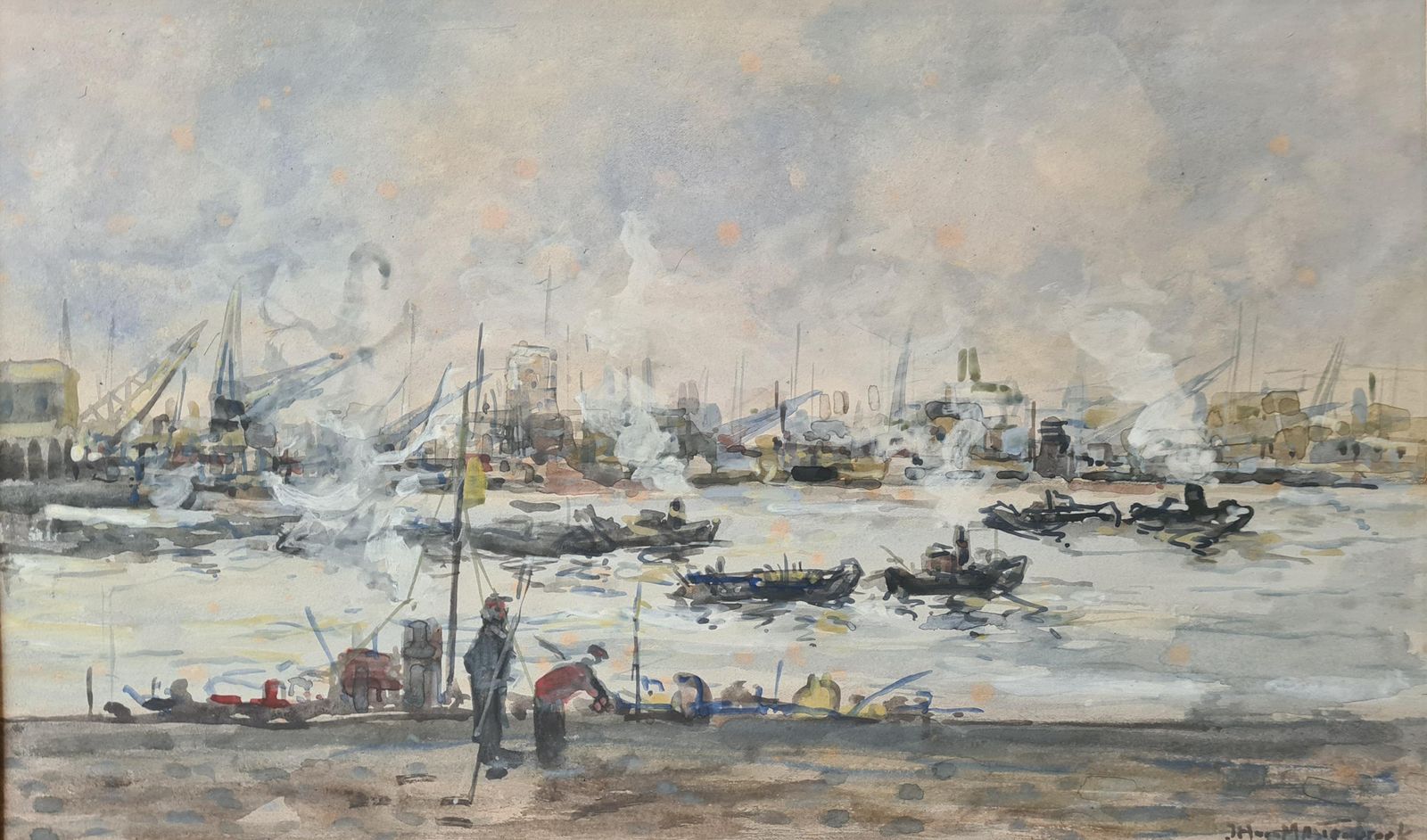 photo for sale Johan Hendrik Van Mastenbroek Impressionist View Of The Leuvehaven In The Port Of Rotterdam, Dutch Watercolour 1920s