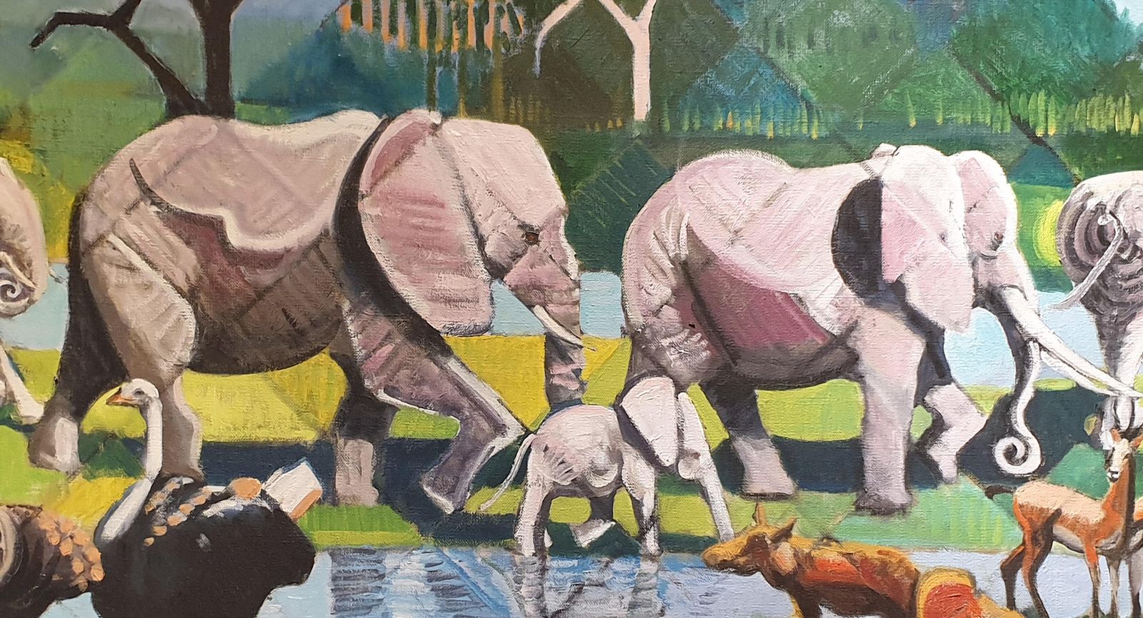 Derek Carrutherslarge Scale Surrealist Oil On Canvas, 'At The Watering Hole'. photo for sale