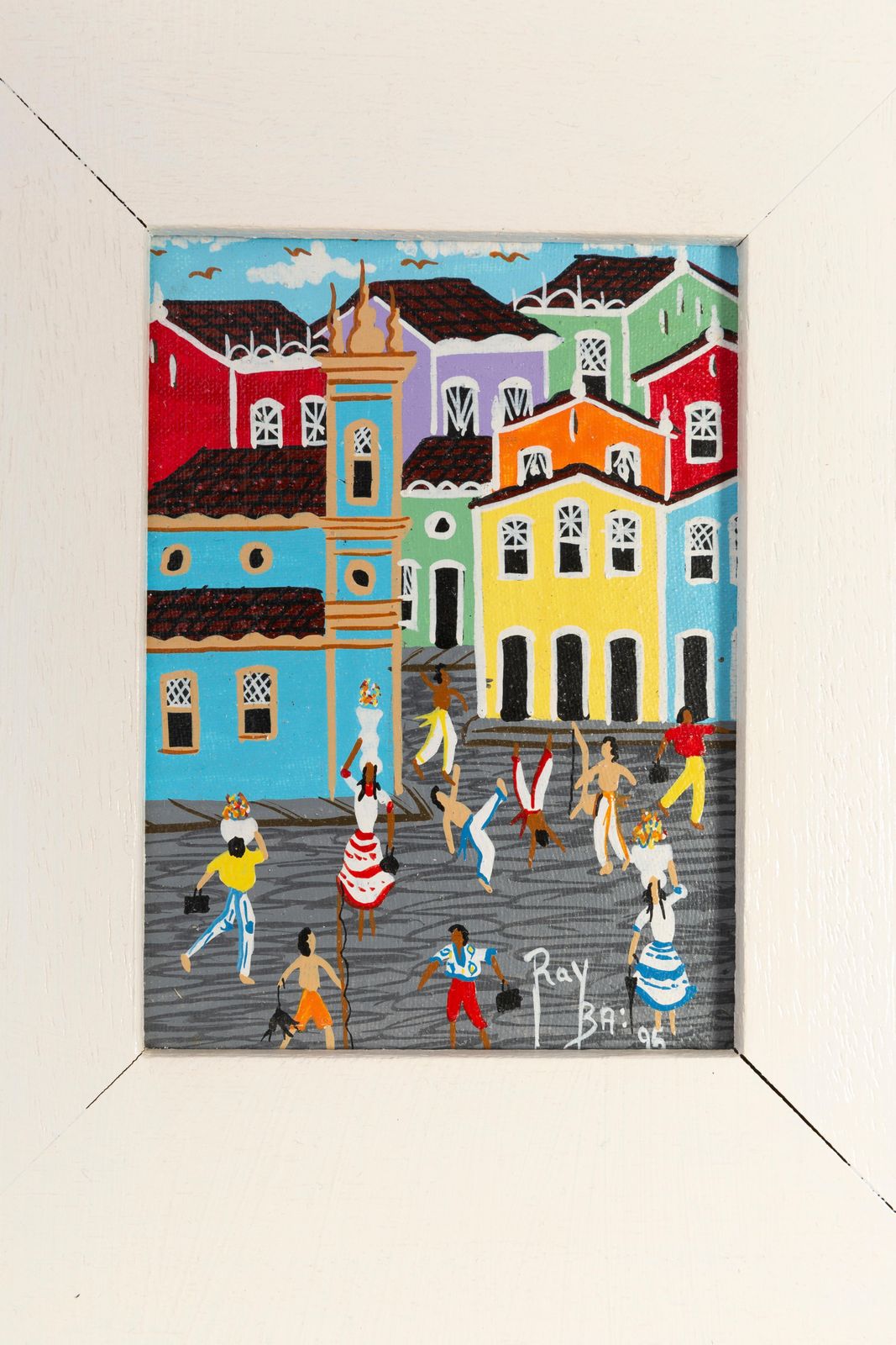 Small Oil Painting, White Wood Frame, The City, Ray Bai, 1995 photo Art