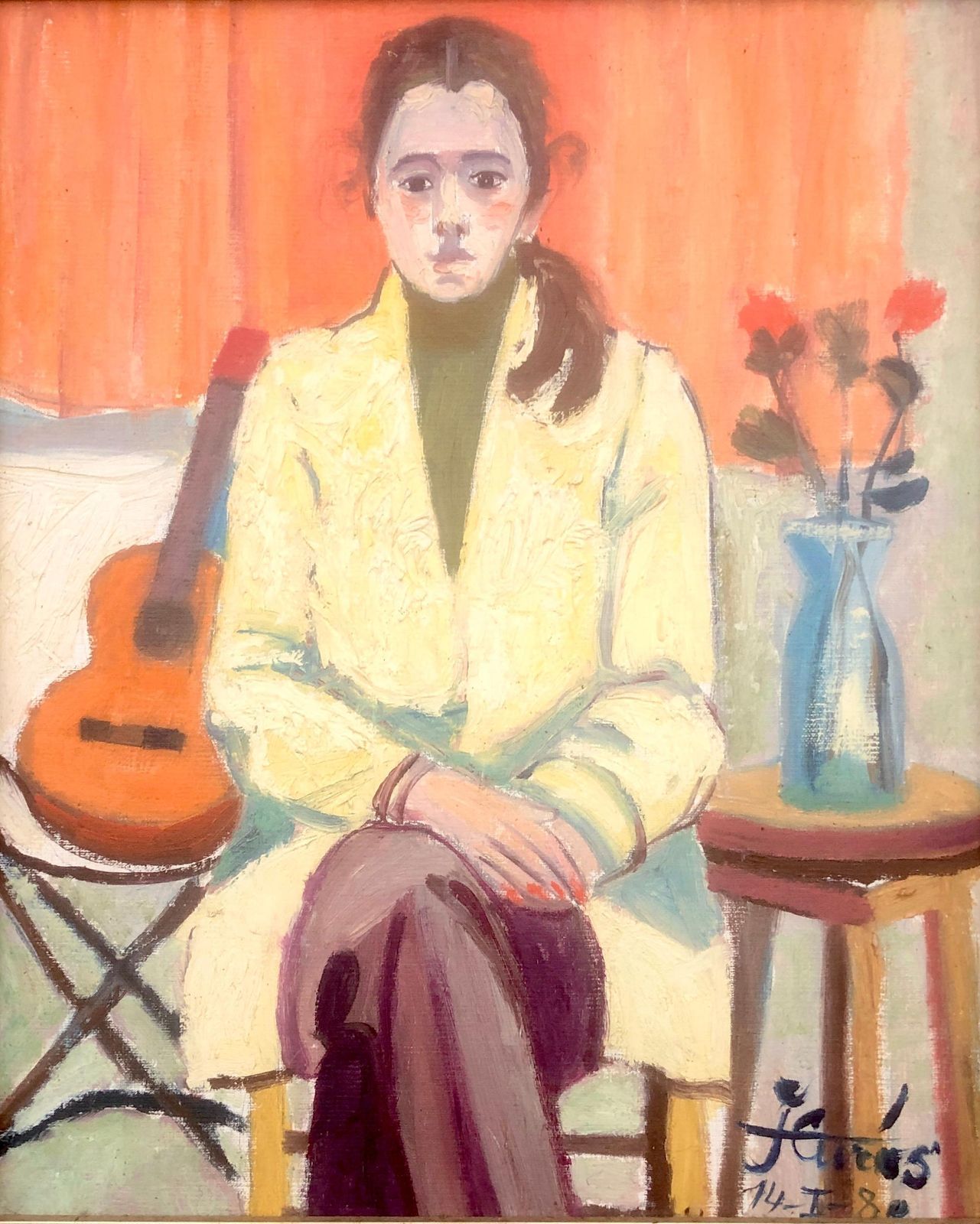 Jordi Curos Woman And Guitar Oil On Board Painting Fauvism 1980