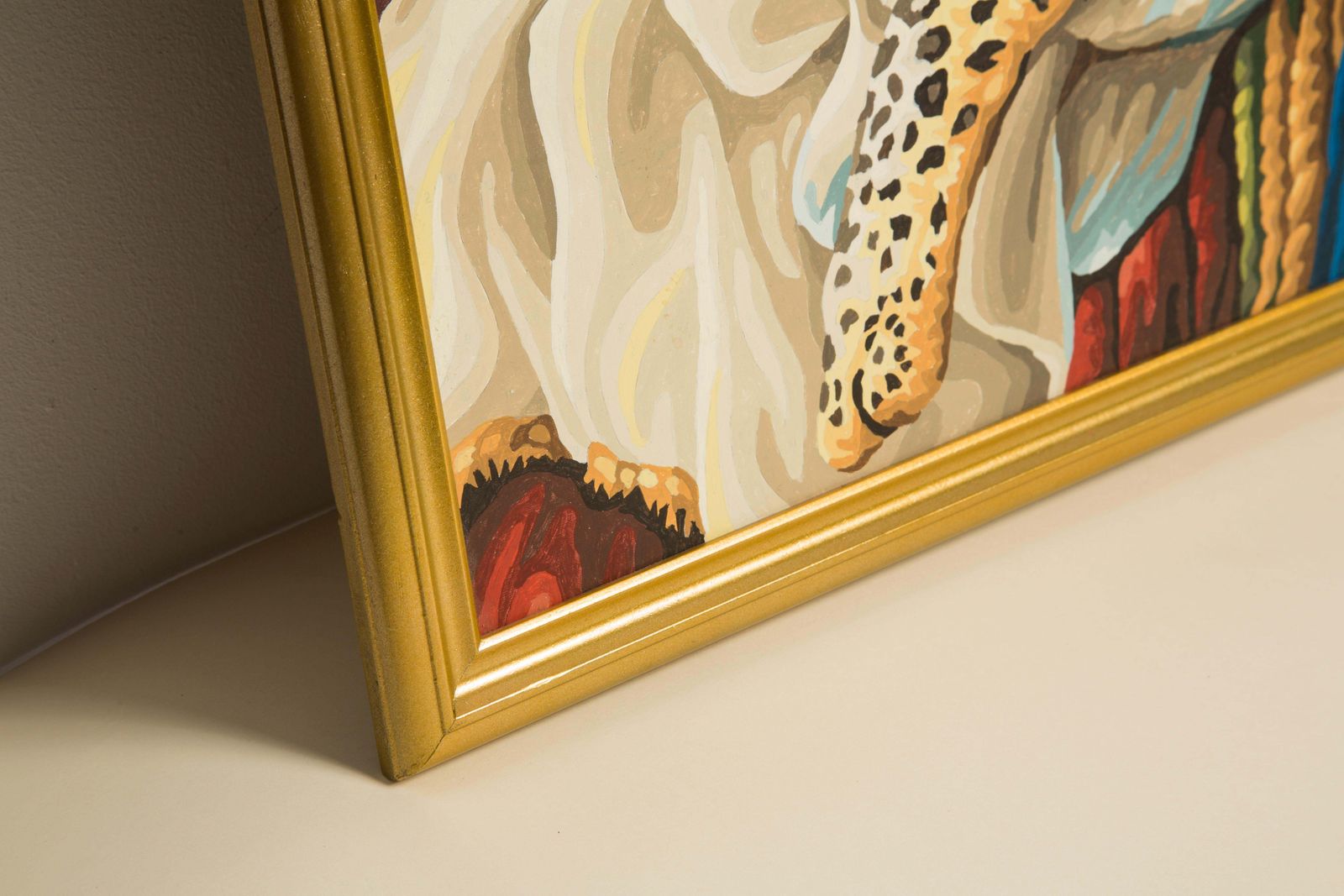 Art Midcentury Acrylic Leopard Painting, Gold Wood Frame, 1960s, Europe photo