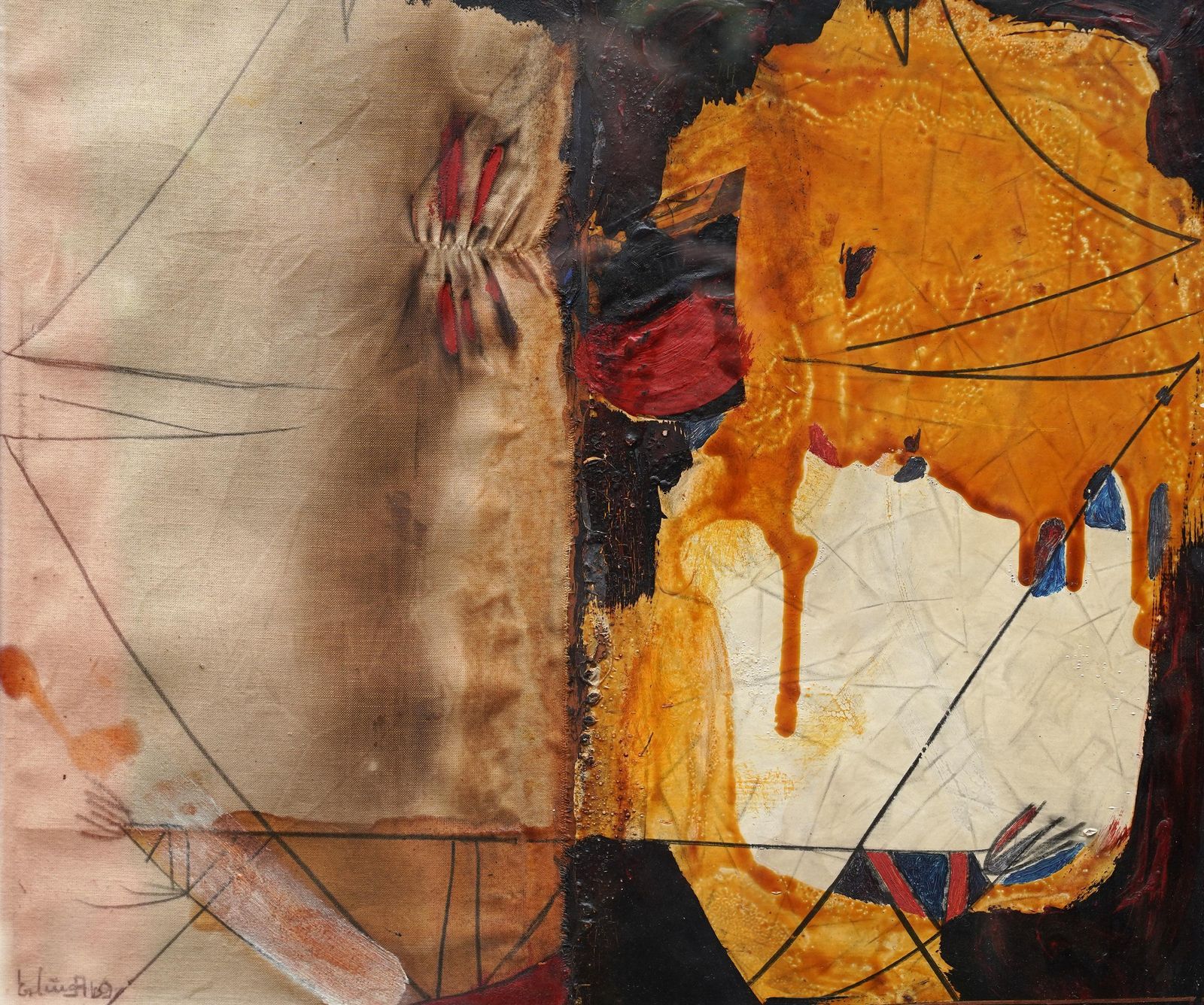 Erling Andersenabstract Composition With Ochre   Danish 1969 Art Mixed Media And Oil Painting1969 photo furniture