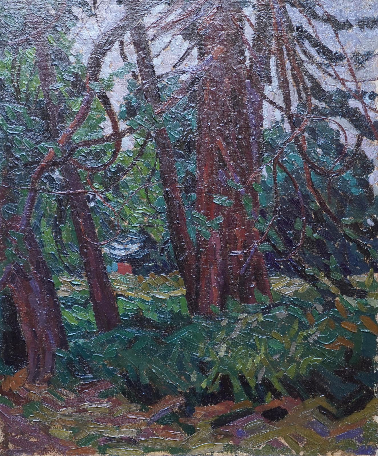 Peter L. Fieldview Through Trees   British Post Impressionist 50's Art Landscape Oil Paintingcirca 1950 photo furniture