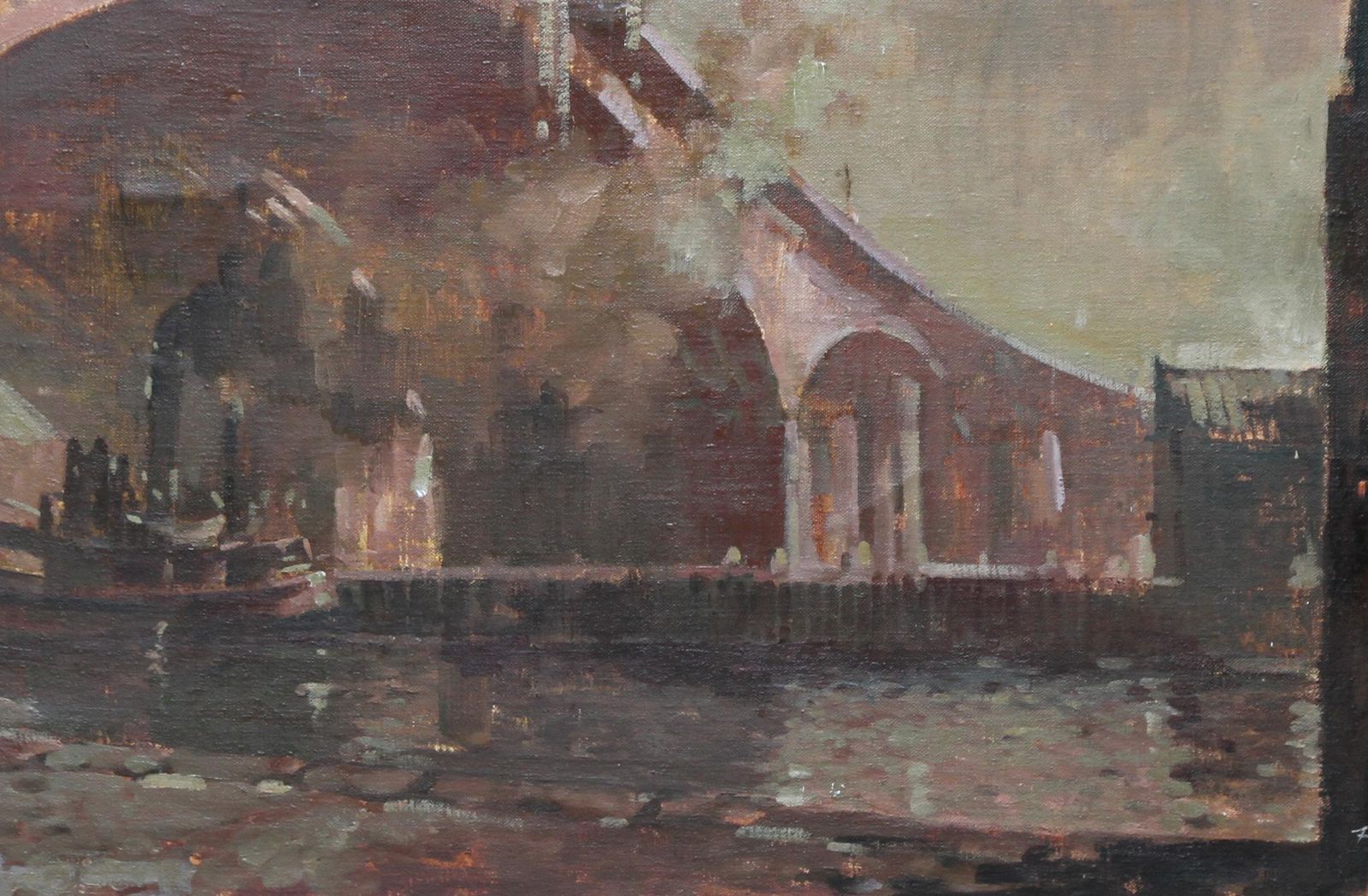 Ernest Burnett Hoodthe Bridge   Scottish 20thc Art Oil Painting Industrial River Landscape Glasgow1970 photo for sale
