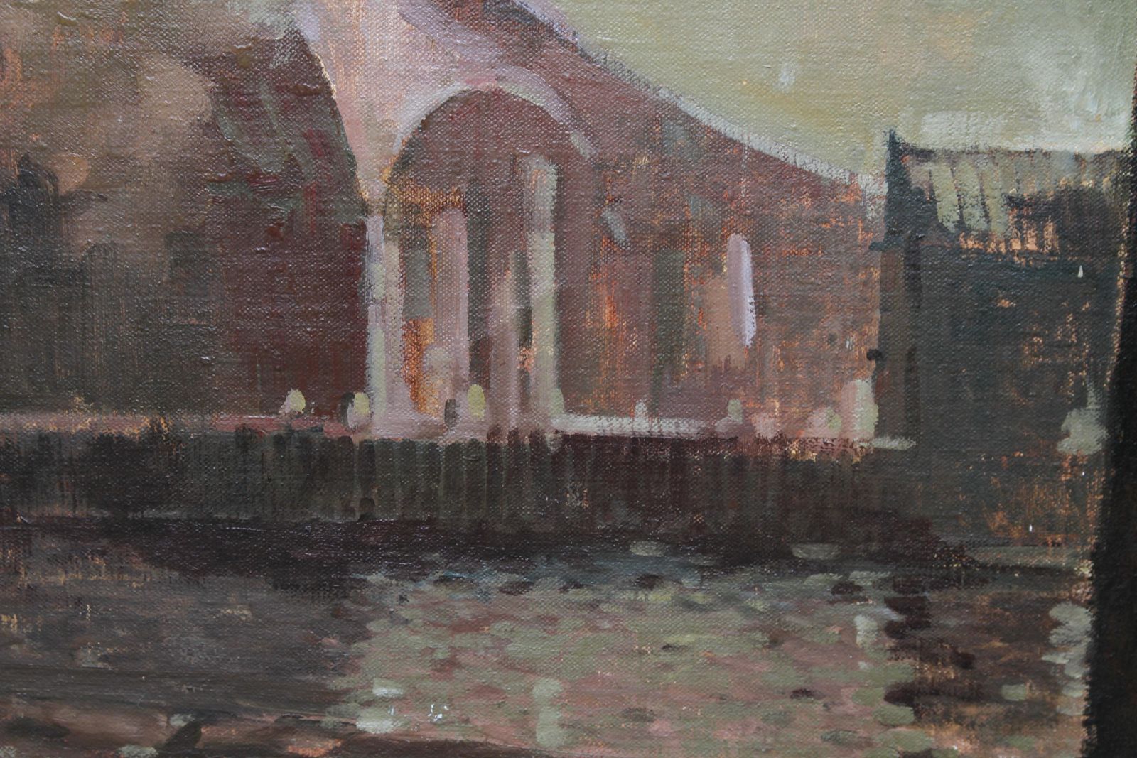 Ernest Burnett Hoodthe Bridge   Scottish 20thc Art Oil Painting Industrial River Landscape Glasgow1970 photo vinterior