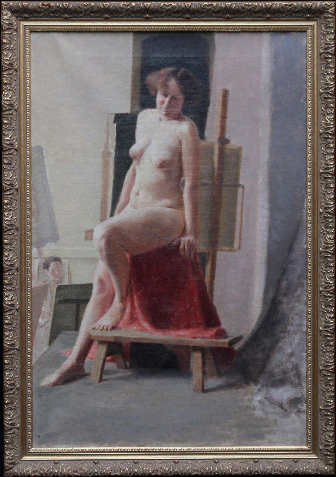 photo furniture E.A. Jayseated Nude Model In Art Class   British 40's Slade School Portrait Oil Paintingcirca 1940