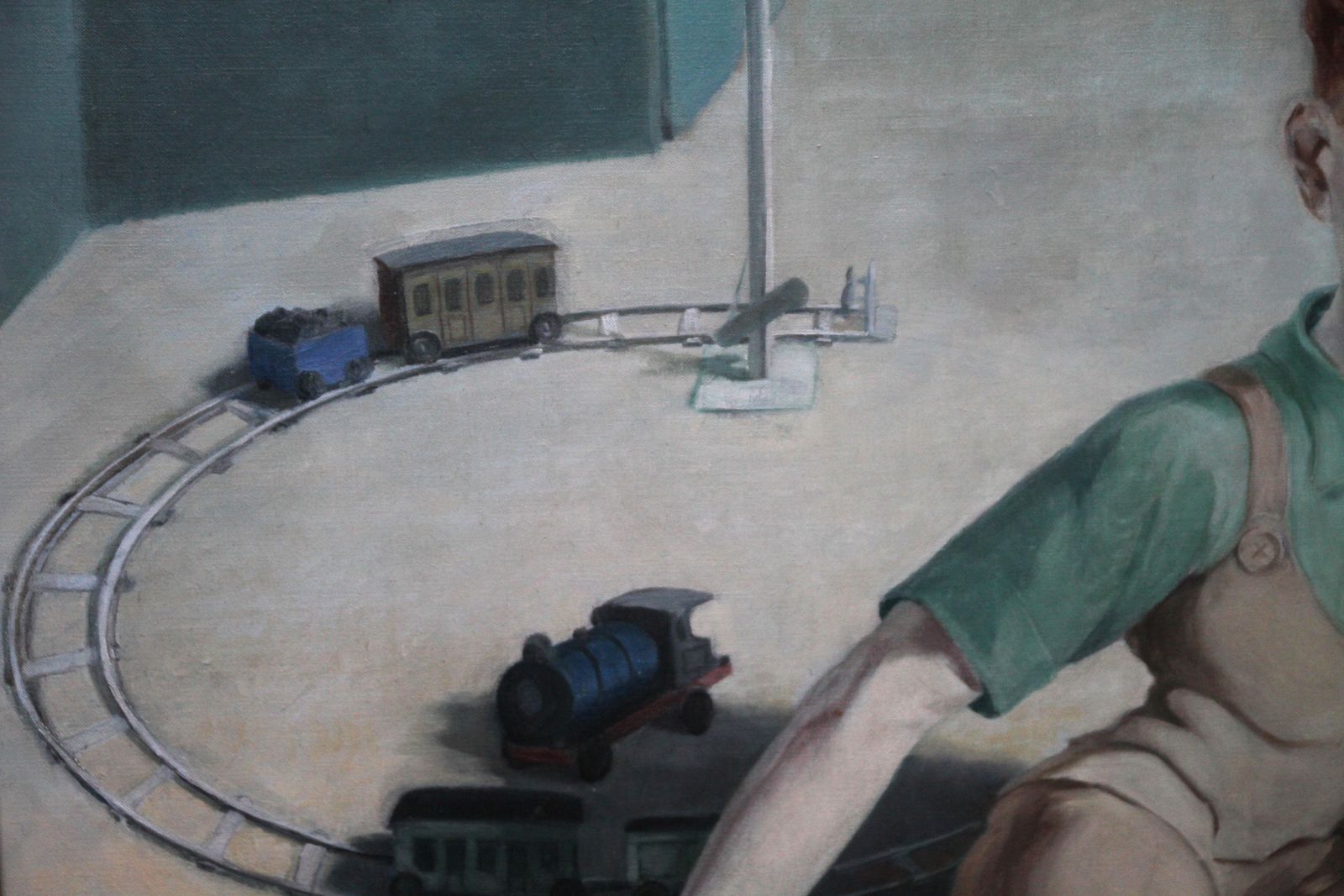 Agnes L Reidthe Train Set   British 20's Art Interior Oil Portrait Boy Playing Female Artistcrica 1920 photo vintage