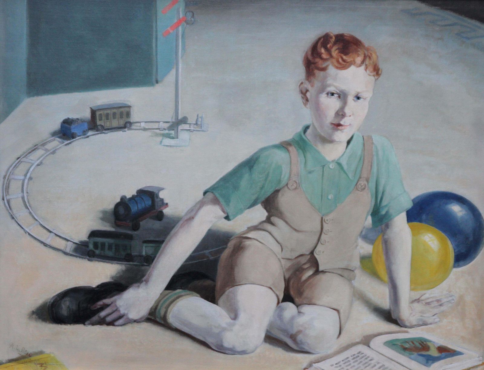 photo for sale Agnes L Reidthe Train Set   British 20's Art Interior Oil Portrait Boy Playing Female Artistcrica 1920