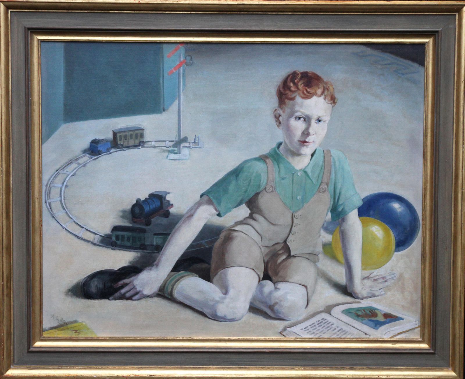 Art Agnes L Reidthe Train Set   British 20's Art Interior Oil Portrait Boy Playing Female Artistcrica 1920 photo