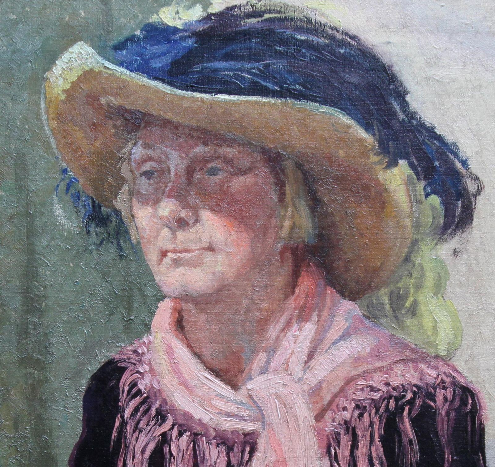 Constance Anne Parkerportrait Of A Lady In A Hat   British 50's Art Oil Painting Female Artistcirca 1955 photo for sale