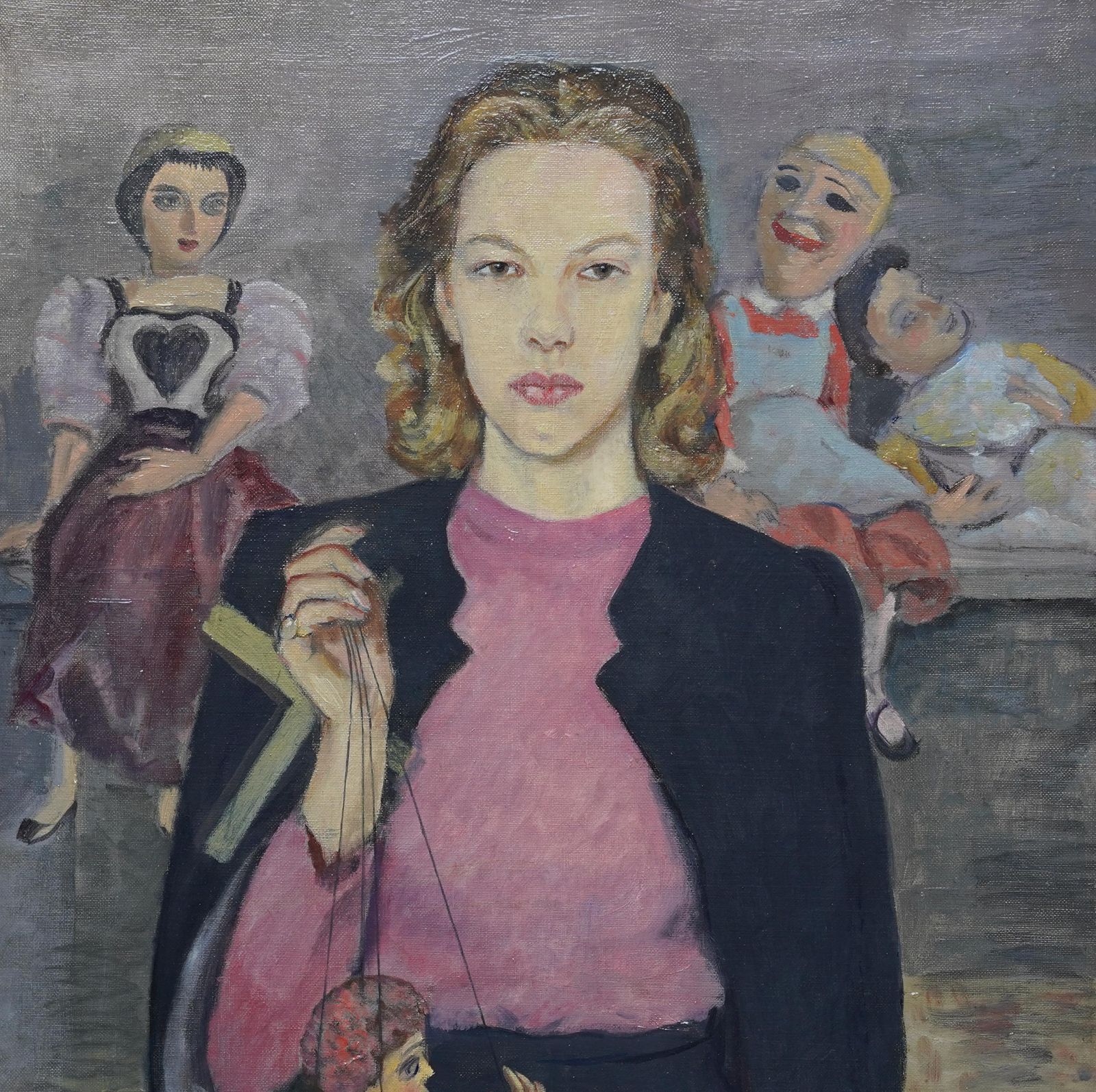James Cleaverportrait Of Caroline And Her Puppets   British 1930s Theatrical Art Oil Painting1937 photo for sale