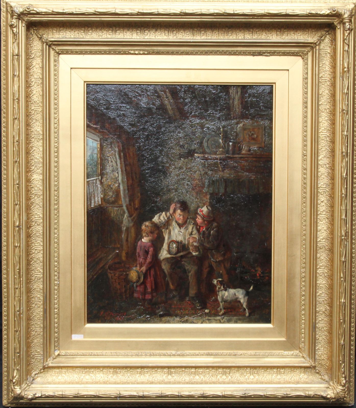 Frederick George Pasmorea Quick Repair    British Art 1880 Interior Oil Painting Children Clock Horologycirca 1880