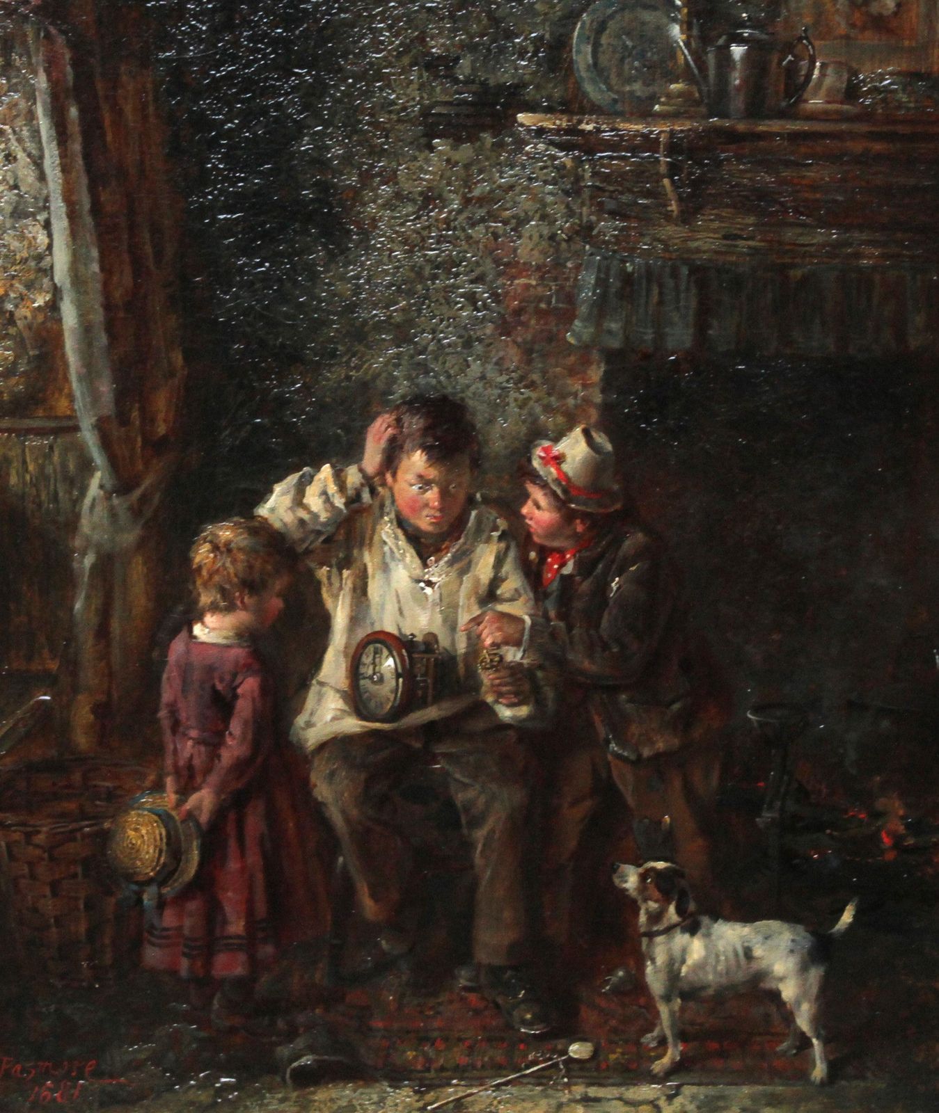 Frederick George Pasmorea Quick Repair    British Art 1880 Interior Oil Painting Children Clock Horologycirca 1880 photo for sale