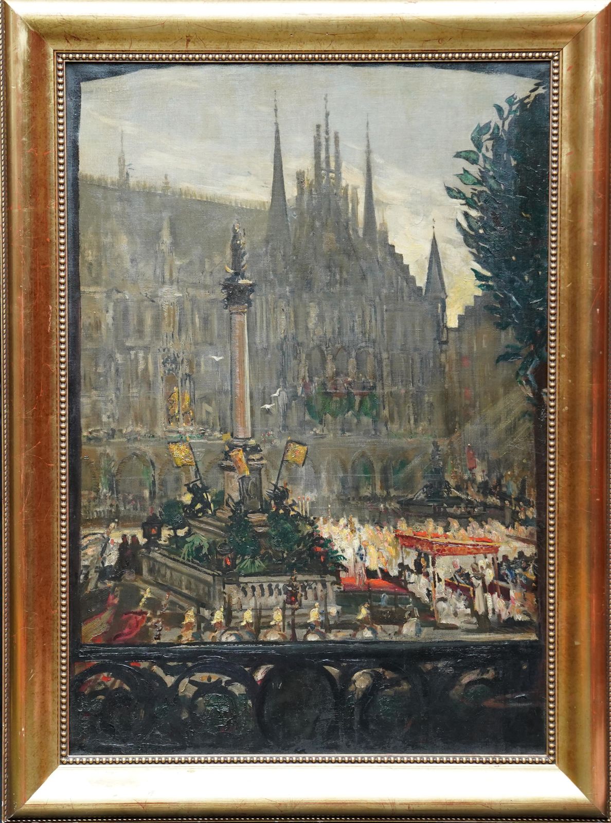 Celebrations At Marienplatz, Munich French 1900 Art City Landscape Oil Paintingcirca 1900