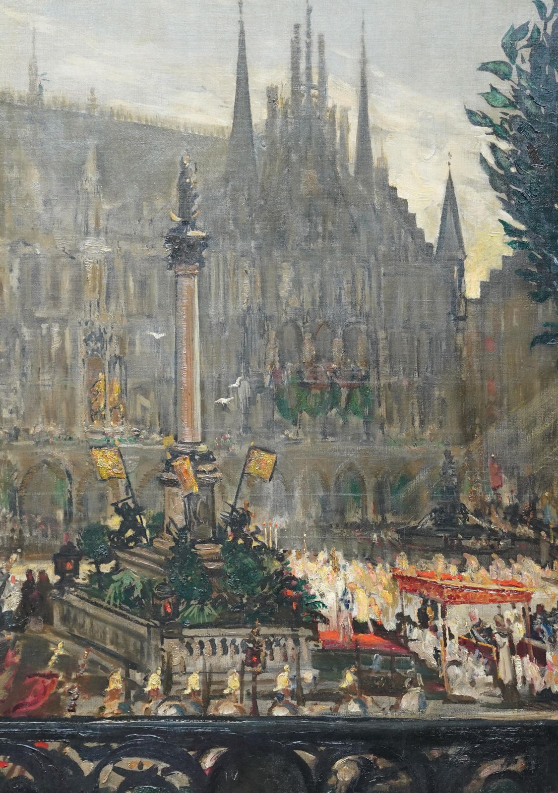 Celebrations At Marienplatz, Munich French 1900 Art City Landscape Oil Paintingcirca 1900 photo for sale